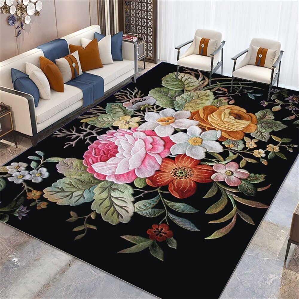 Tapis enfant feuilles vertes et fleurs colorées 80x200cm pour chambre et salon