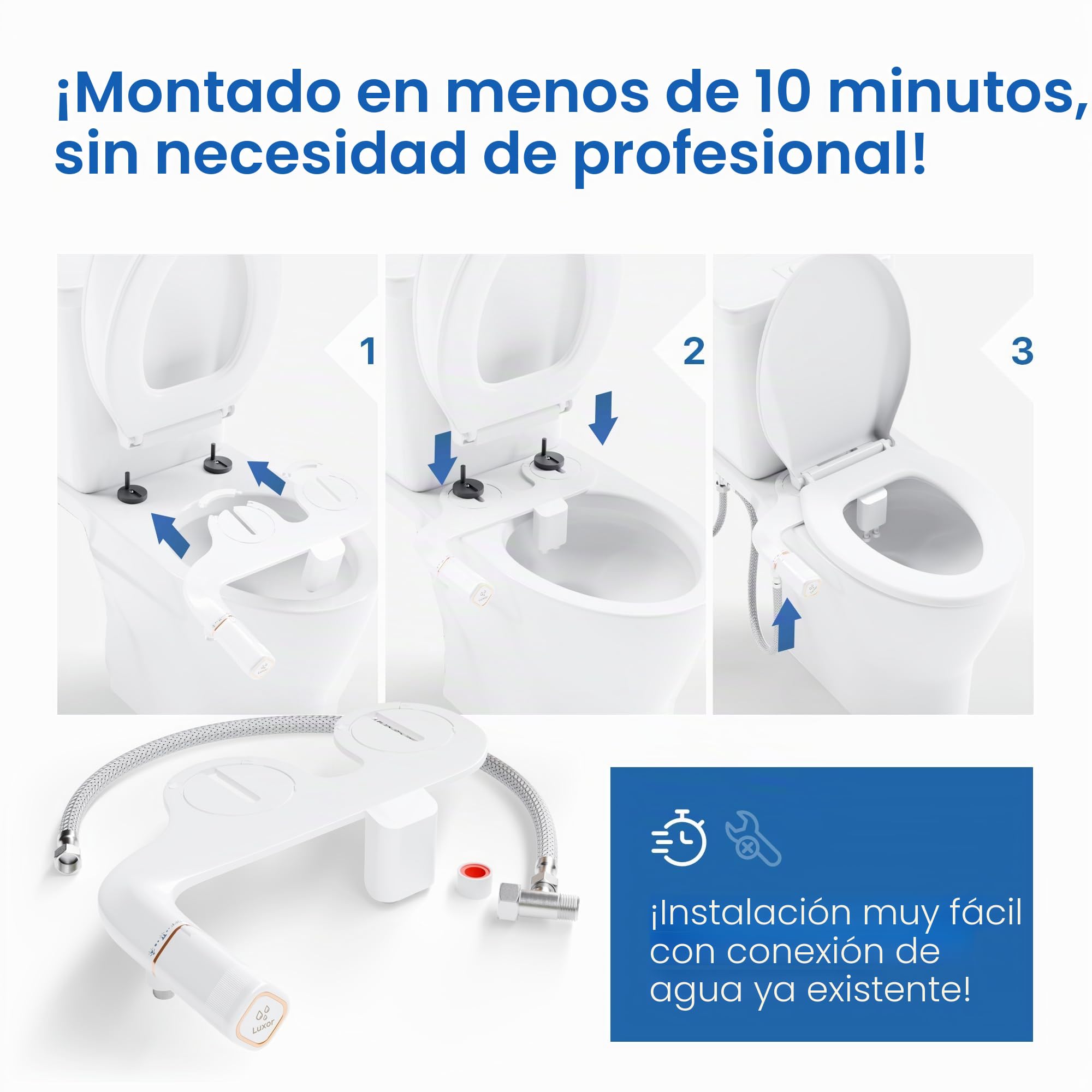 Luxor Accesorio de bidé para el inodoro – Accesorio de inodoro para adultos con doble boquilla [mujeres y hombres] | Presión de agua ajustable y fácil montaje | Limpieza higiénica gracias a la ducha
