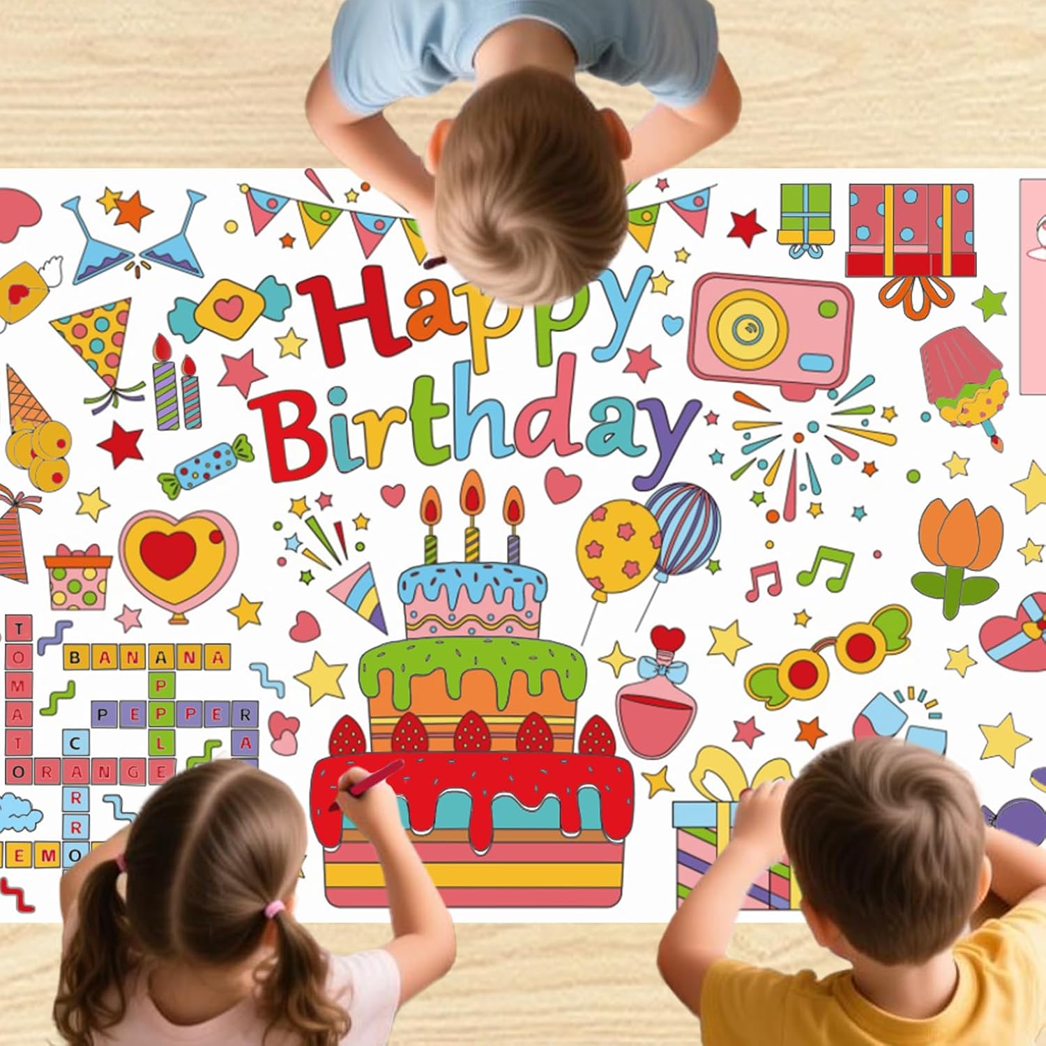 Birthday Giant Coloring Tablecloth for Kids 75x30 in Large Coloring Poster Jumbo Paper Tablecloth Poster Fun DIY Birthday Activity for Home Classroom Party Decorations Suppiles (happy birthday)