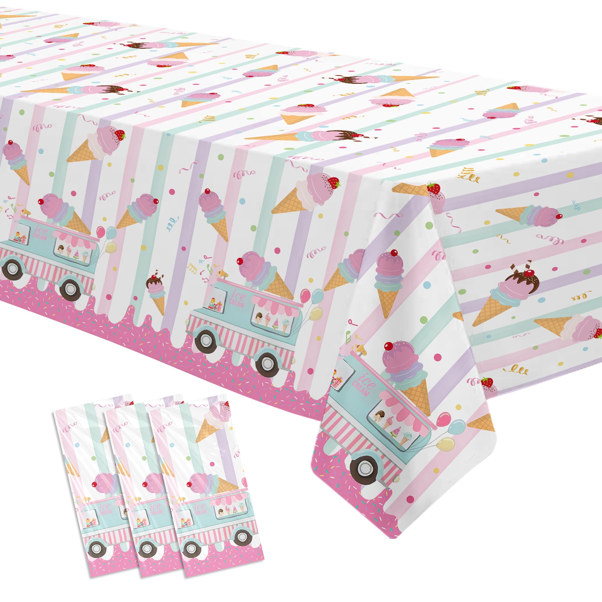 Ice Cream Party Tablecloth Decorations for Birthday Baby Shower | 3 Pack Disposable Here's The Scoop Theme Sweet Ice Cream Truck Shop Birthday Party Supplies Table Cover, 54in x 108in
