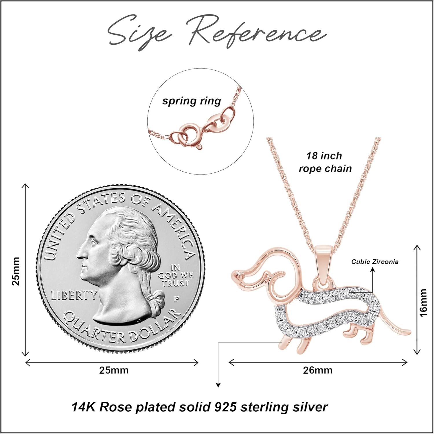 Dachshund Dog Heart Pendant Necklace For Women Round Cut White Cubic Zirconia In 14K Gold Plated Sterling Silver Jewlery Along With 18" Rope Chain
