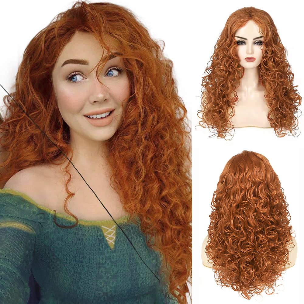 Sallcks Long Curly Wavy Wig Orange Wig Merida Brave Cosplay