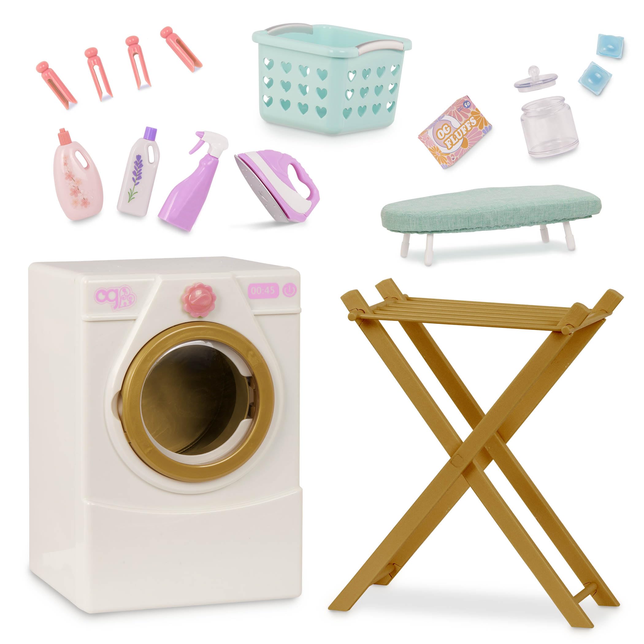 Our Generation - Día de la colada - Lavadora de muñecas - Soporte de secado, plancha y set de limpieza - Accesorios para casas de muñecas de 46 cm - Juguete para niños a partir de 3 años