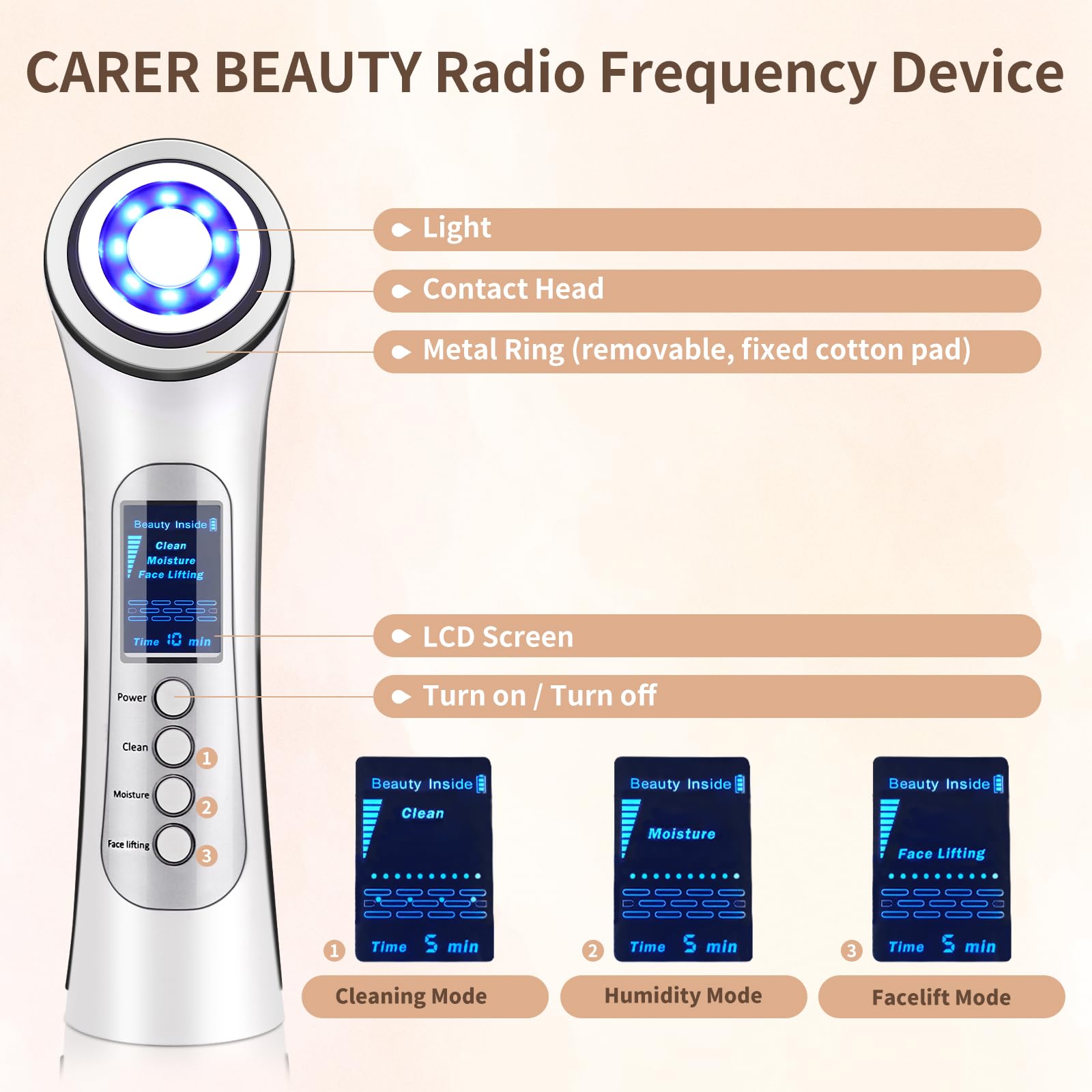 CARER BEAUTY Appareil Anti Rides Visage Appareil, 4 en 1 Dispositif de Beauté RF avec EMS Photothérapie Vibration Anti-rides et Anti-âge Soins du Visage pour les Femmes
