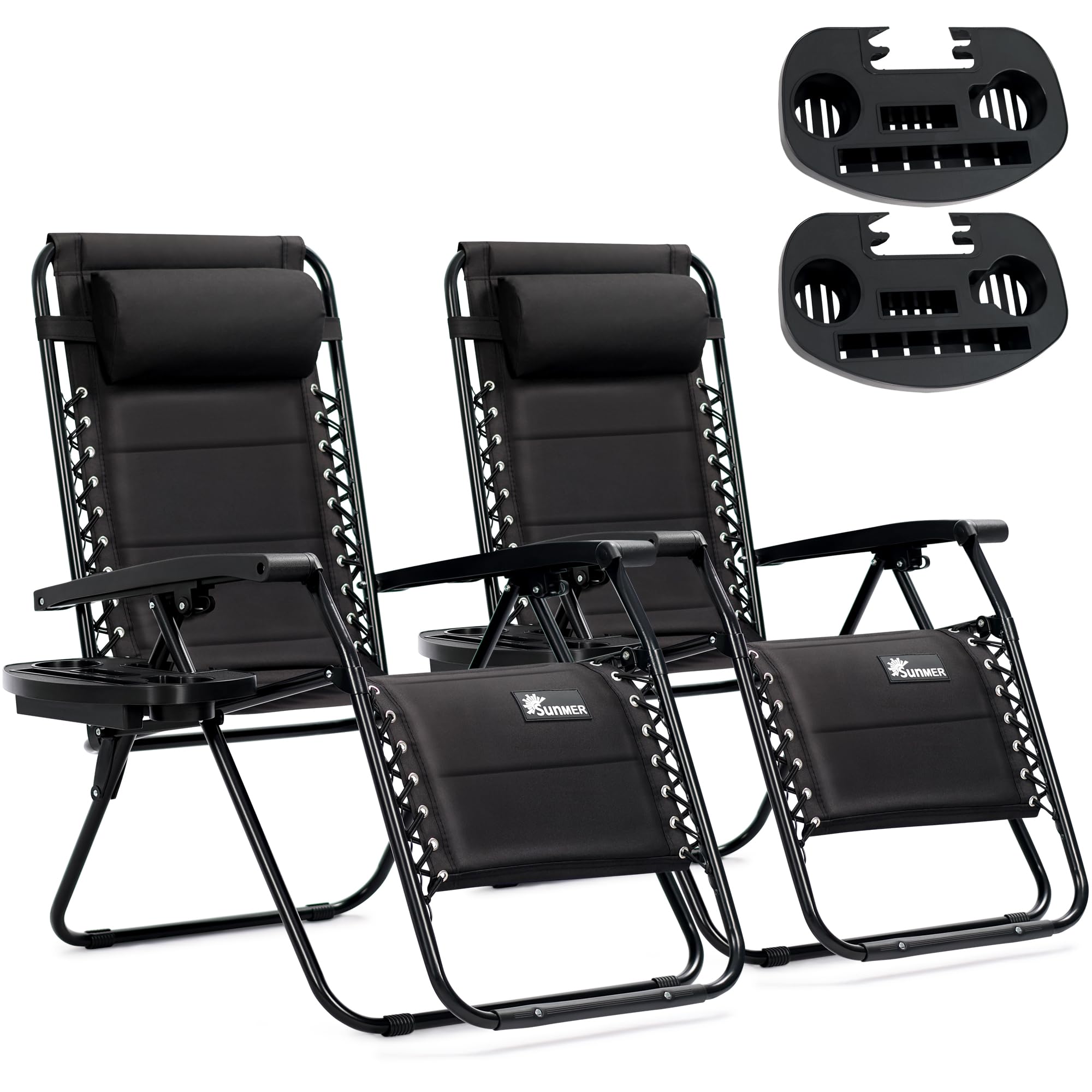 SUNMER Sun Lounger Padded Garden Chairs - Set of 2 Zero Gravity Chairs with Cup & Phone Holder, Adjustable Headrest & Pillow - 30° to 90° Folding Deck Recliner - Professional Outdoor Seating - Black — image 1