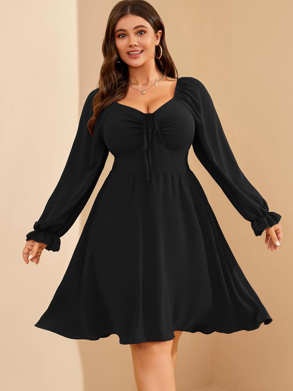 RWJ Women Plus Size Summer Dress Long Sleeve Tie Front Sweetheart Neck A-Line Casual Mini Wedding Guest Dresses 2025 - Image 2