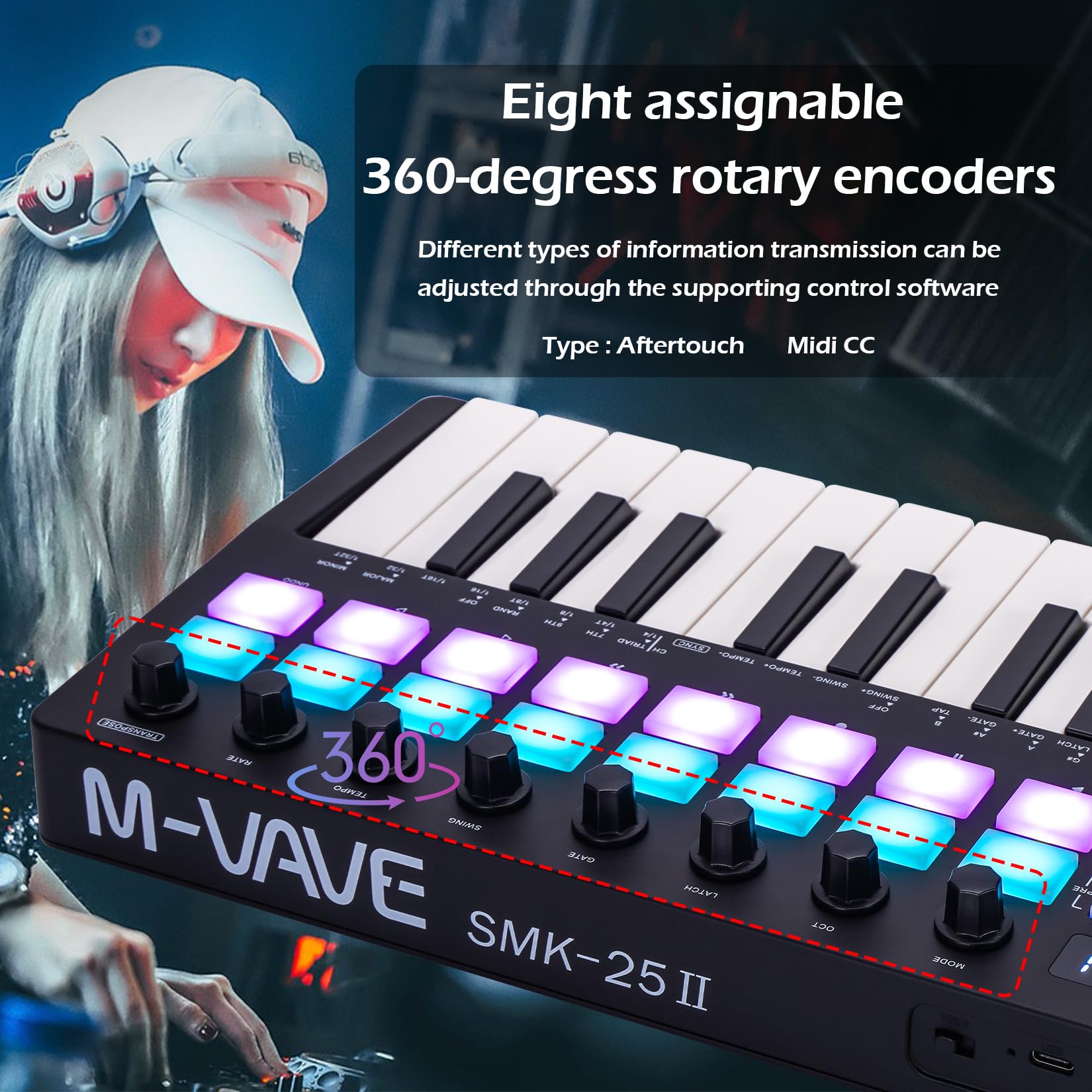 M-VAVE 25 touches 16 pads de batterie rétroéclairés Clavier MIDI - Beat maker professionnel et Keytar pour la production musicale au clavier Batterie intégrée Wireless Connect, MIDI 16 PADS, Noir