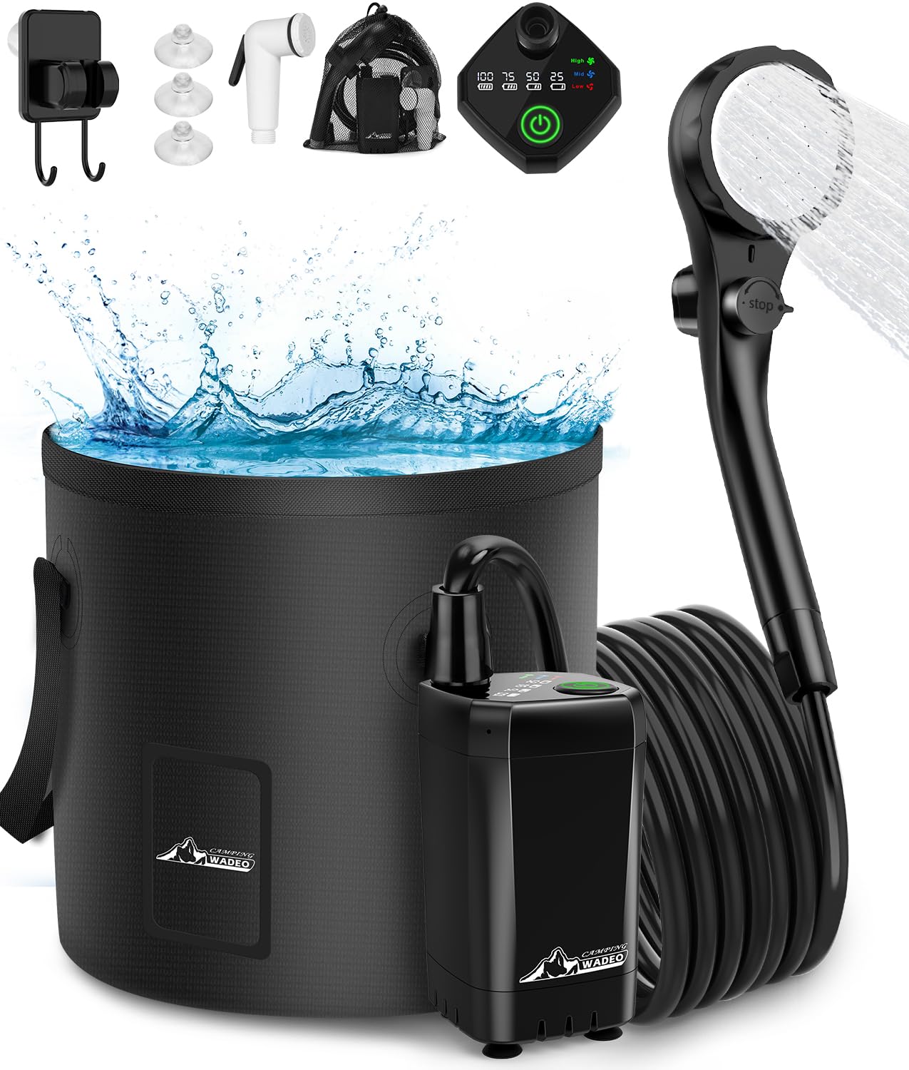 WADEO Doccia da Campeggio, [Secchio Pieghevole da 20L] [6000mAh] Pompa Doccia a Batteria Ricaricabile, Doccia Portatile per Spiaggia, Animali, Auto, Giardino