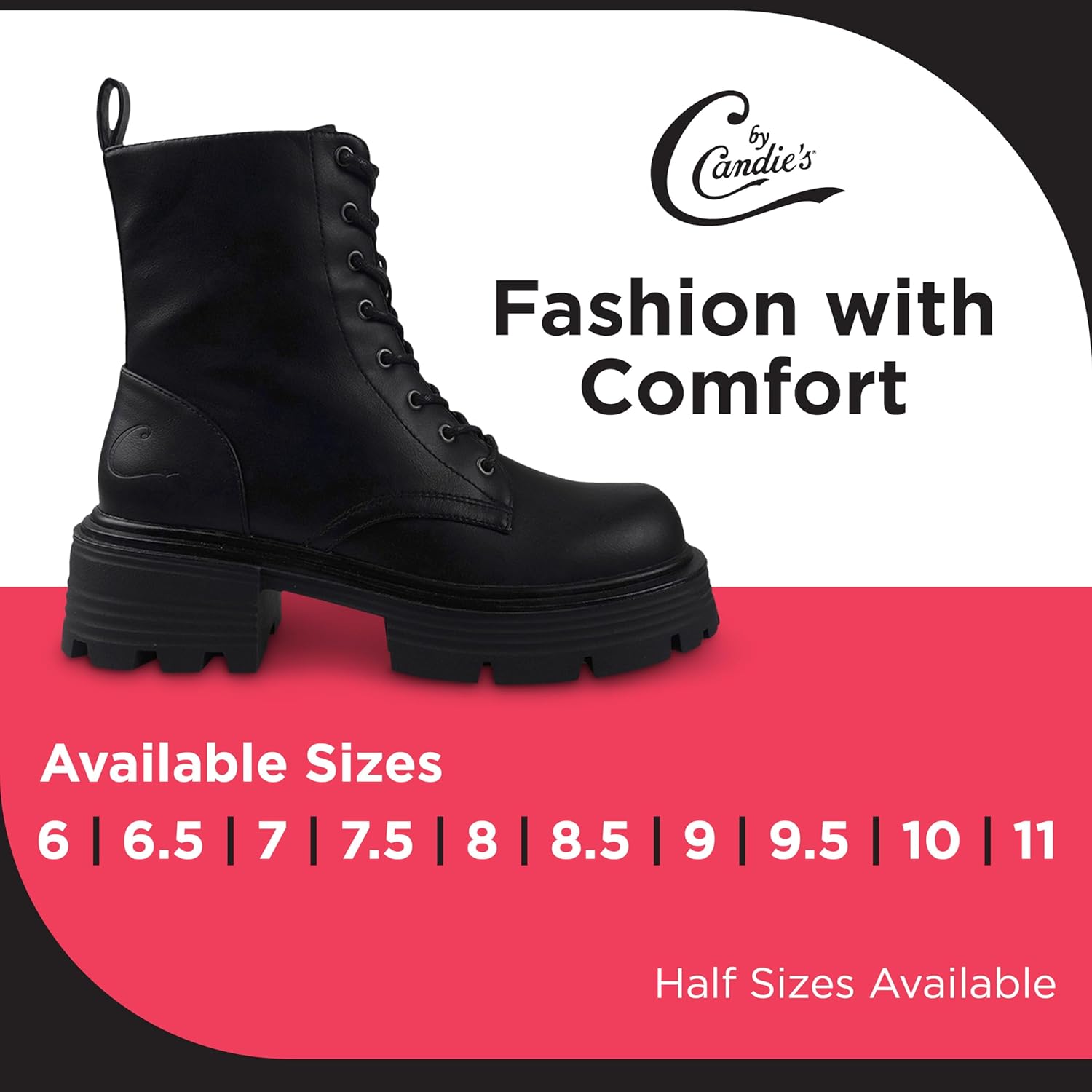 CANDIE'S Regine Lace Up Combat Boots for Women, Mid-Calf Lace Up Boots, Platform Lug Sole Heeled Boots with Side Zip, Chunky Heel Black Boots