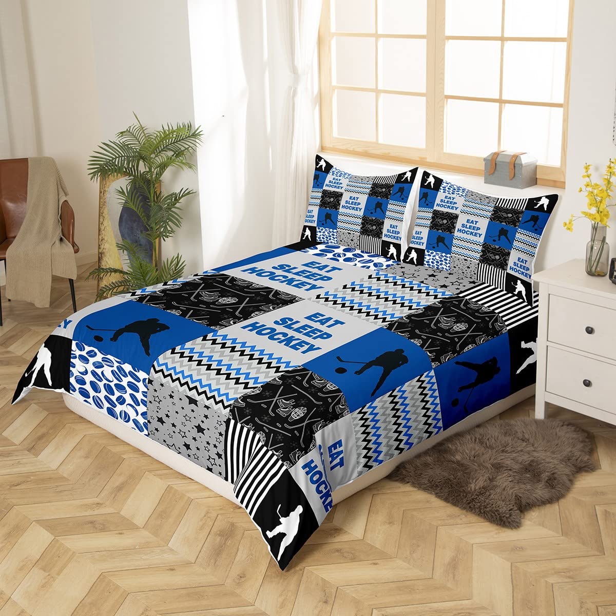 Ice Hockey Bedding Set for Kids - Breathable Geometric Print for Boys Girls Winter Sports - Blue Super King Size - Image 3