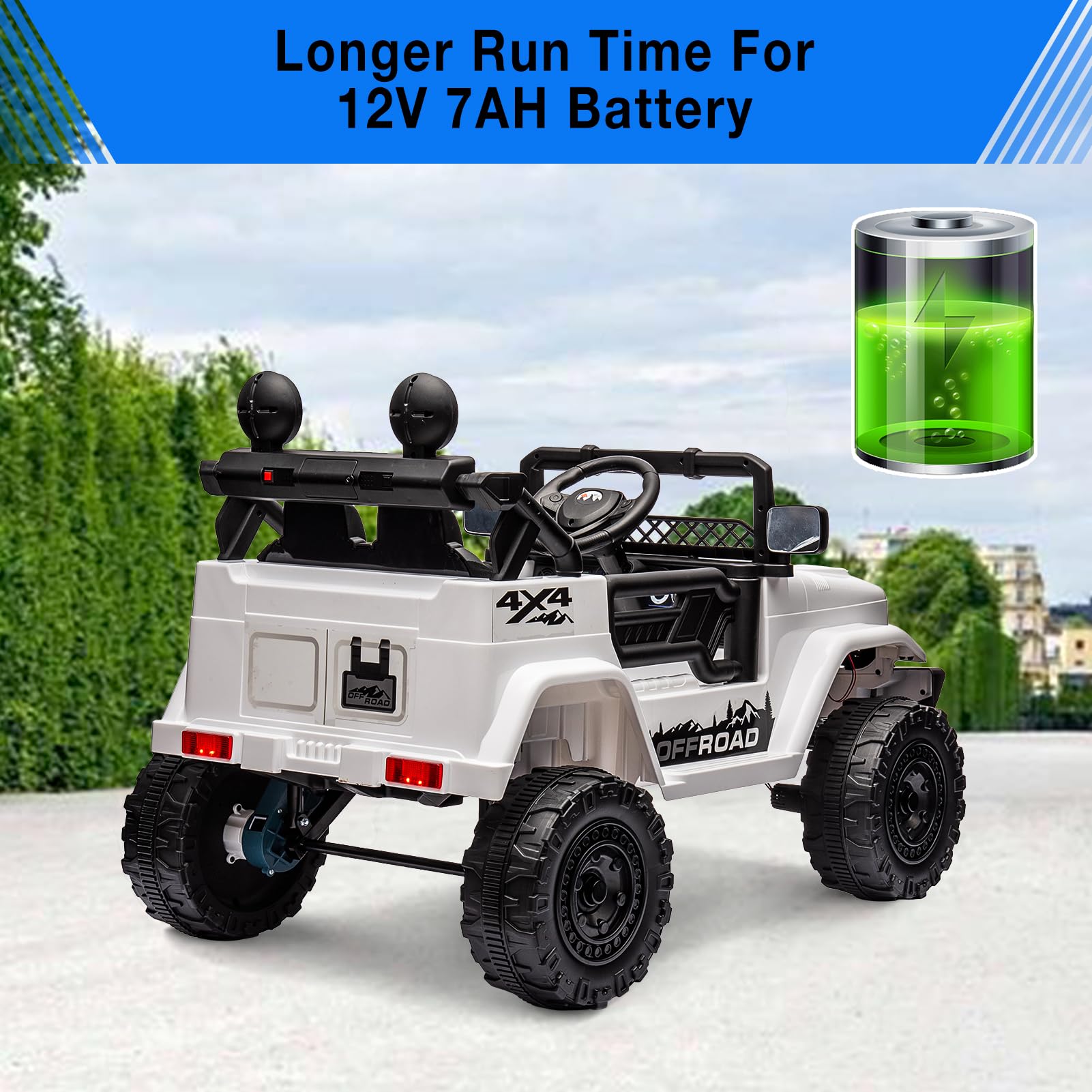 Voiture Électrique Enfant 2 Places 12V 4x4 avec Télécommande Parentale Bluetooth LED Tout Terrain 3-8 Ans Blanc