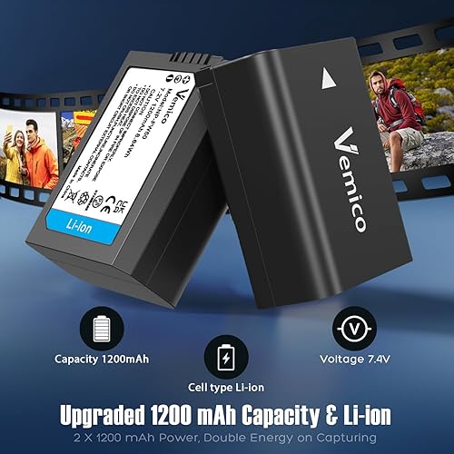Miniatura 2 de Vemico Kit de cargador de batería NP-FW50 2 X 1200mAh con cargador LCD USB-C NP FW50 Baterías para Sony ZV-E10, A6000, A6300, A6500, A6400, A7,