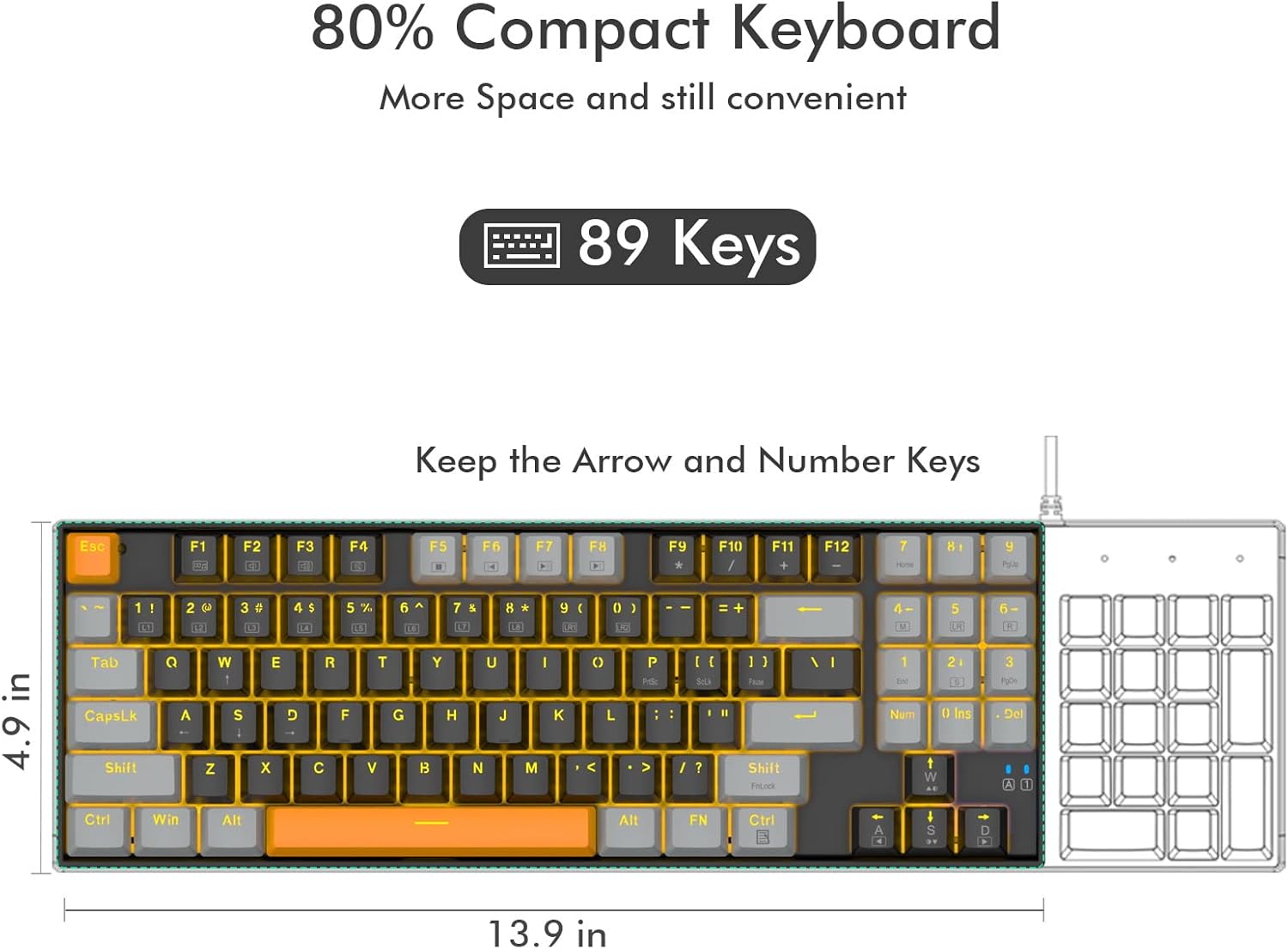 Diagram showing dimensions of E-YOOSO Z-13 keyboard