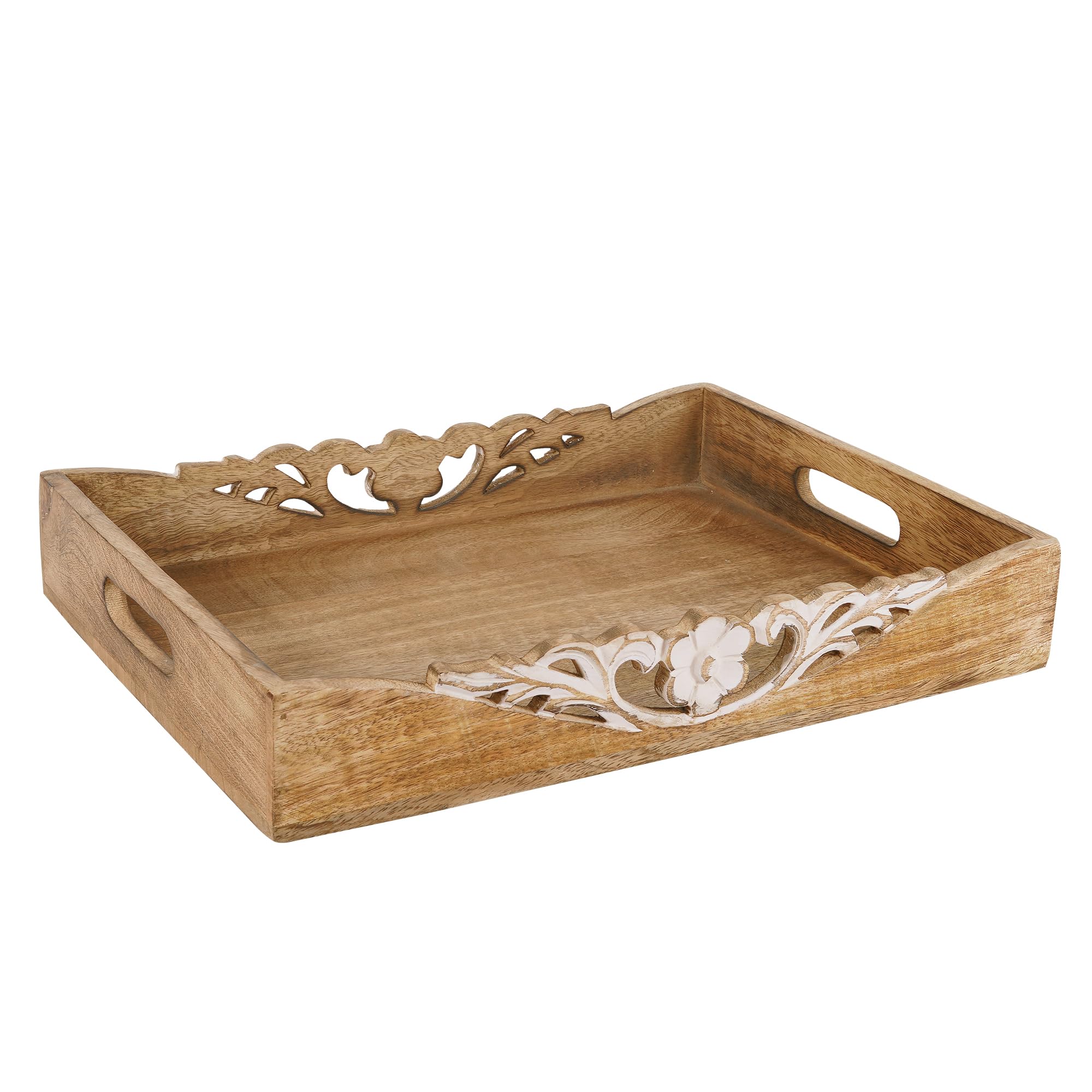 Plateau décoratif en bois de manguier blanc et poignées pour table basse