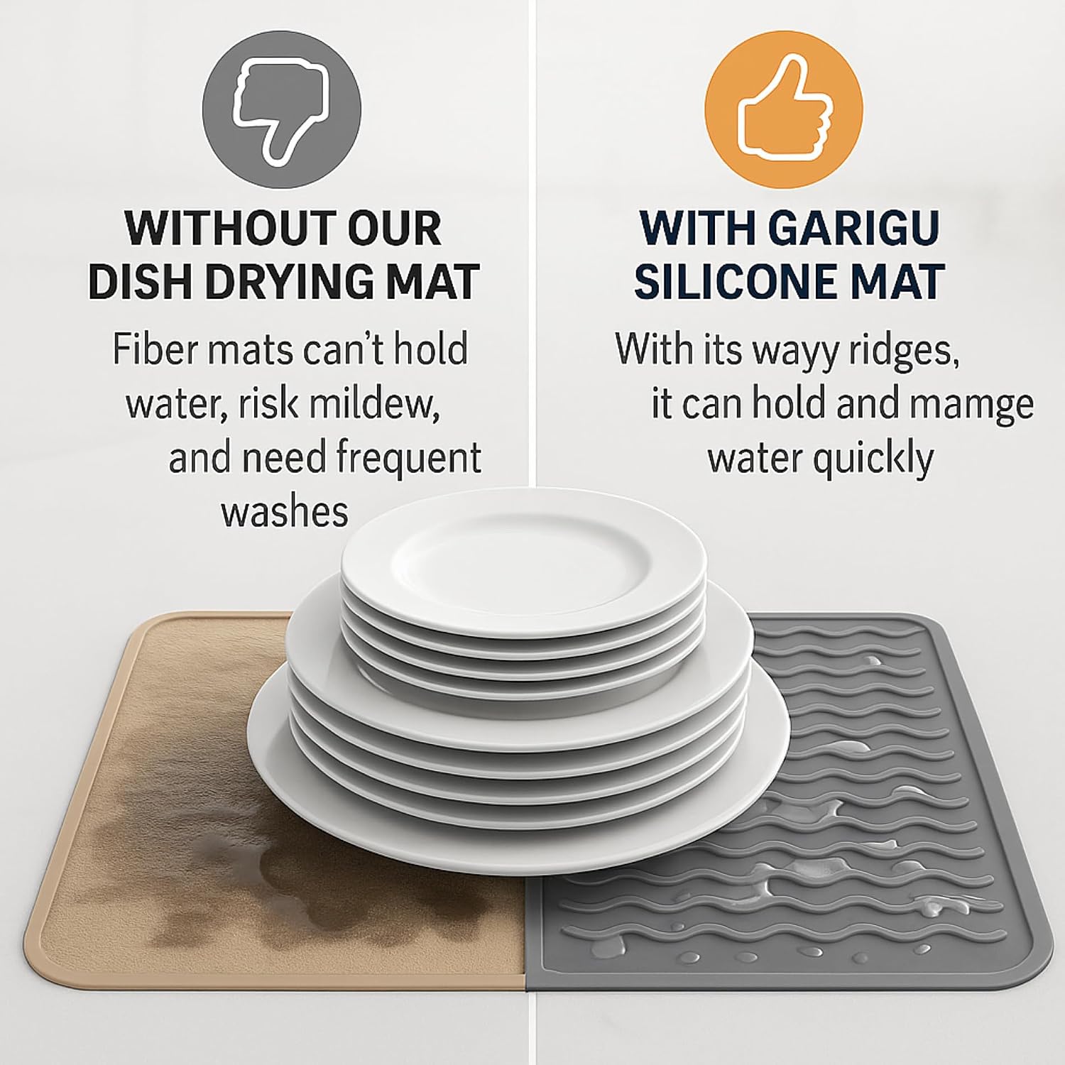 Silicone Dish Drying Mat 16 x 12 Inch, Non-Slip Heat Resistant Food-Grade Silicone Dish Pad, Easy Clean Multipurpose Sink Mat & Counter Protector, Dark Gray