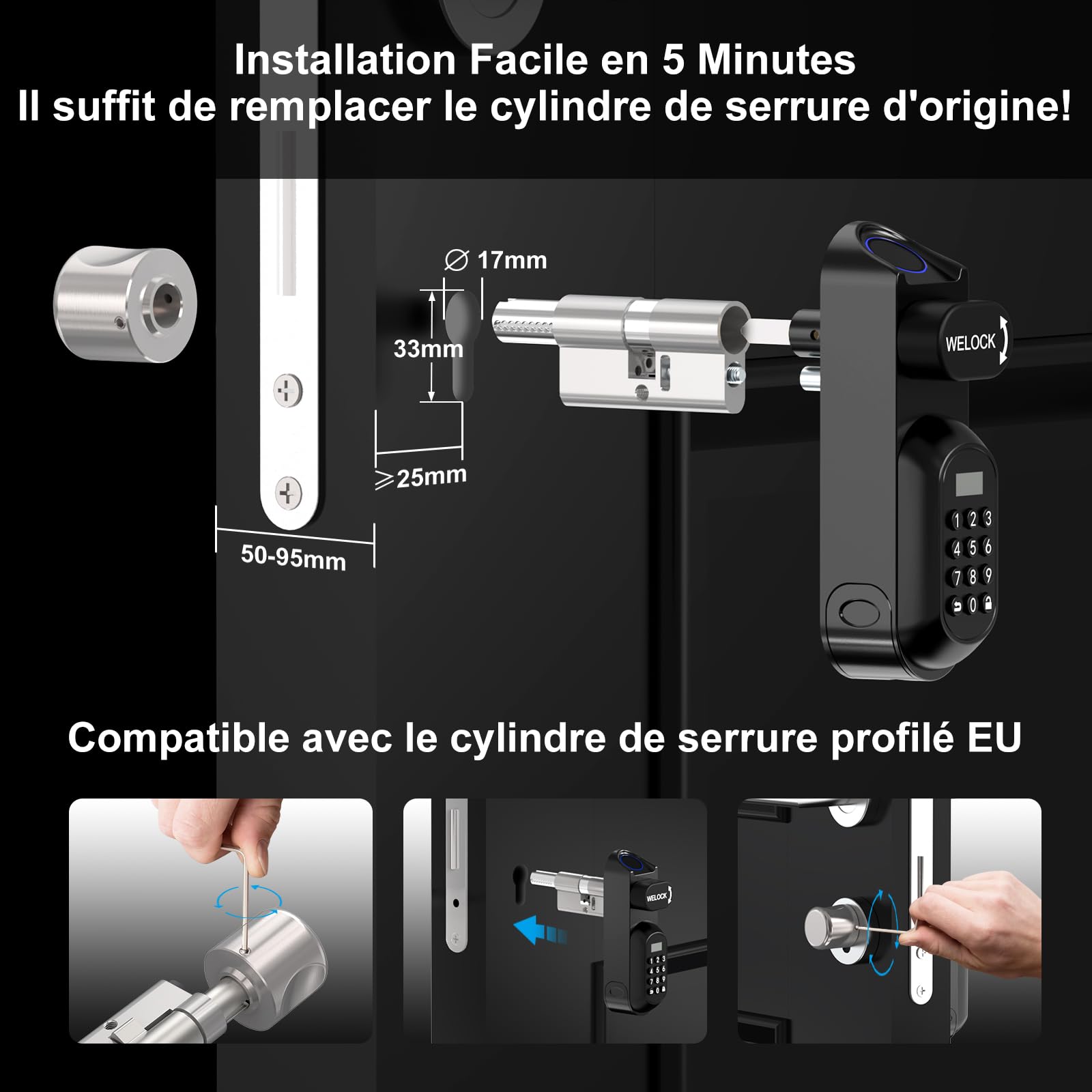 WELOCK U81 Smart Lock,Serrure Connectée,Serrure Empreinte Digitale avec Mot de Passe,RFID Carte,APP,serrure à code WiFi(Besoin wifibox),Cylindre Connecté 30/30 pour porte de 50-90mm,Facile à installer