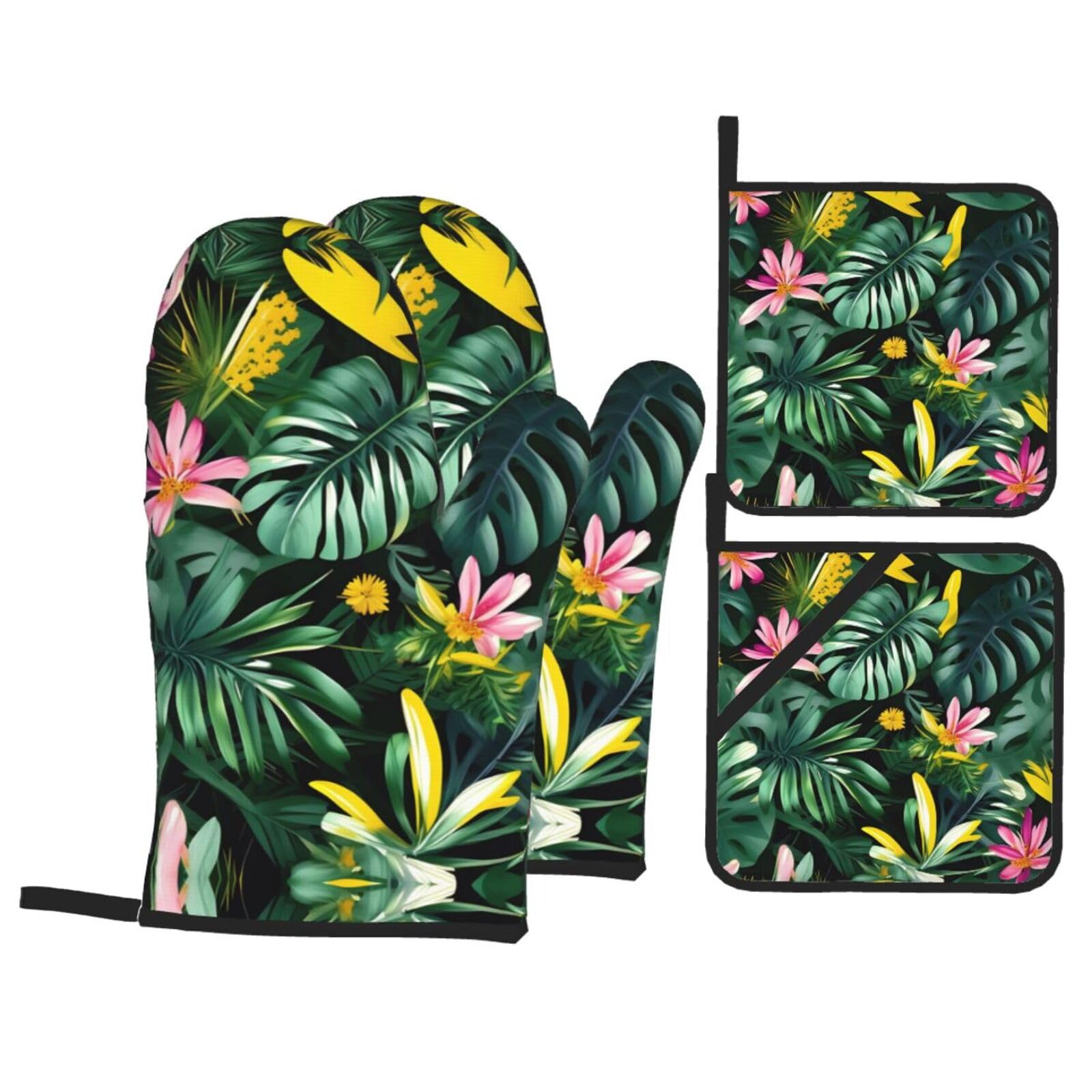 Tropical Leaves with Flowers Print Oven Mitts,Pot Holders, Heat Resistant Oven Mitts Gloves,Hot Pads for Kitchen Cooking Grill