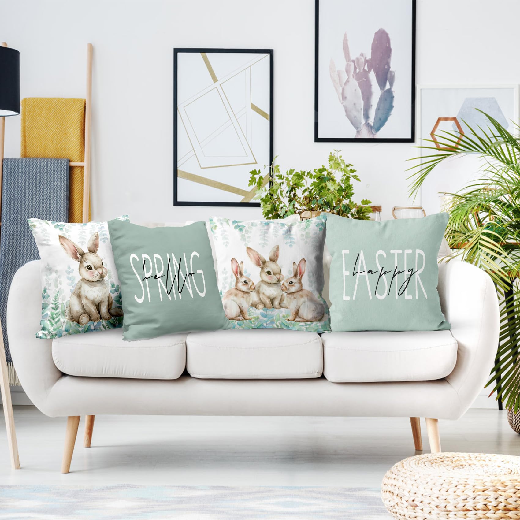 LB Happy Easter Bunny Pillow Covers 18x18 Inch Set of 4 Green Botanical Eucalyptus Leaves and Cute Rabbit Throw Pillow Cover Cute Animal Decorations Cushion Cases Pillowcases for Sofa Bedroom