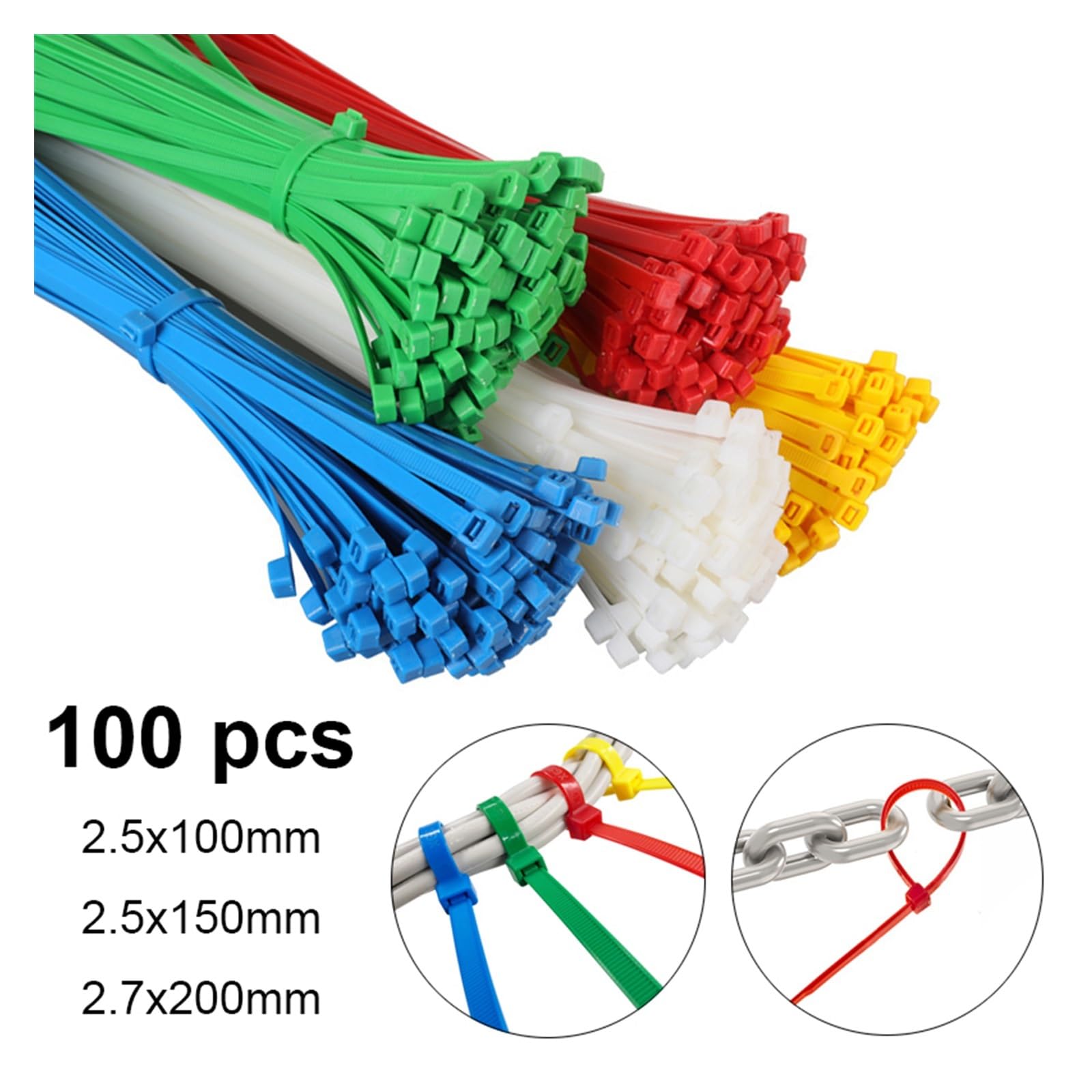 Colliers de serrage en nylon, colliers de serrage, Lot de 100 serre-câbles autobloquants en nylon et plastique, couleur 2,5 x 100 mm(White)