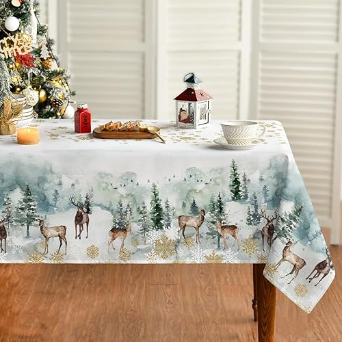 Horaldaily Mantel de Navidad de 60 x 120 pulgadas, diseño de ciervos nevados dorados, lavable, para decoración de fiestas, pícnic, cenas