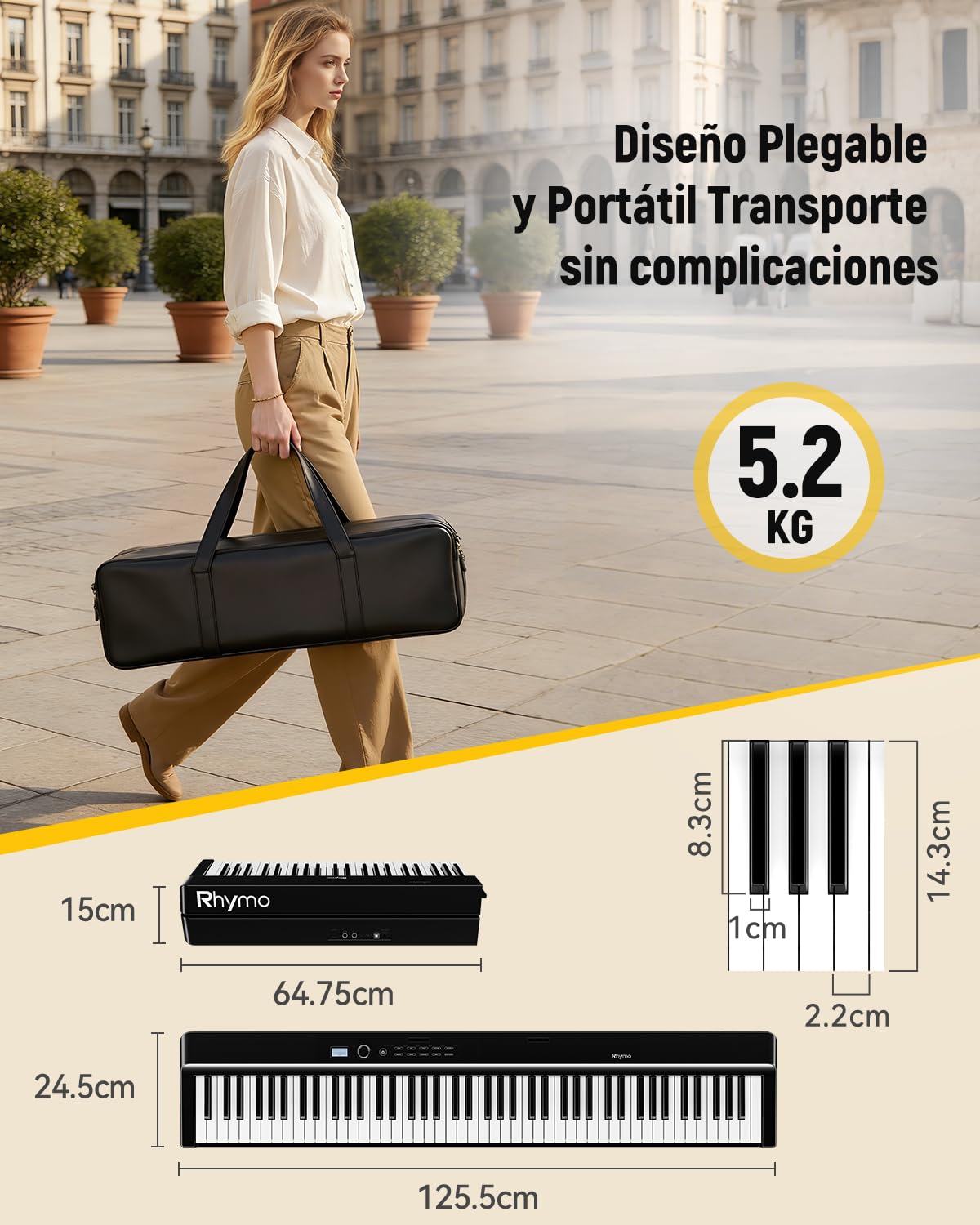Teclado plegable de 88 teclas, Rhymo tamaño completo, portátil, semipesado, con 2 altavoces estéreo envolvente de 15 W, MIDI USB, Bluetooth, pedal de sostenimiento (Negro)