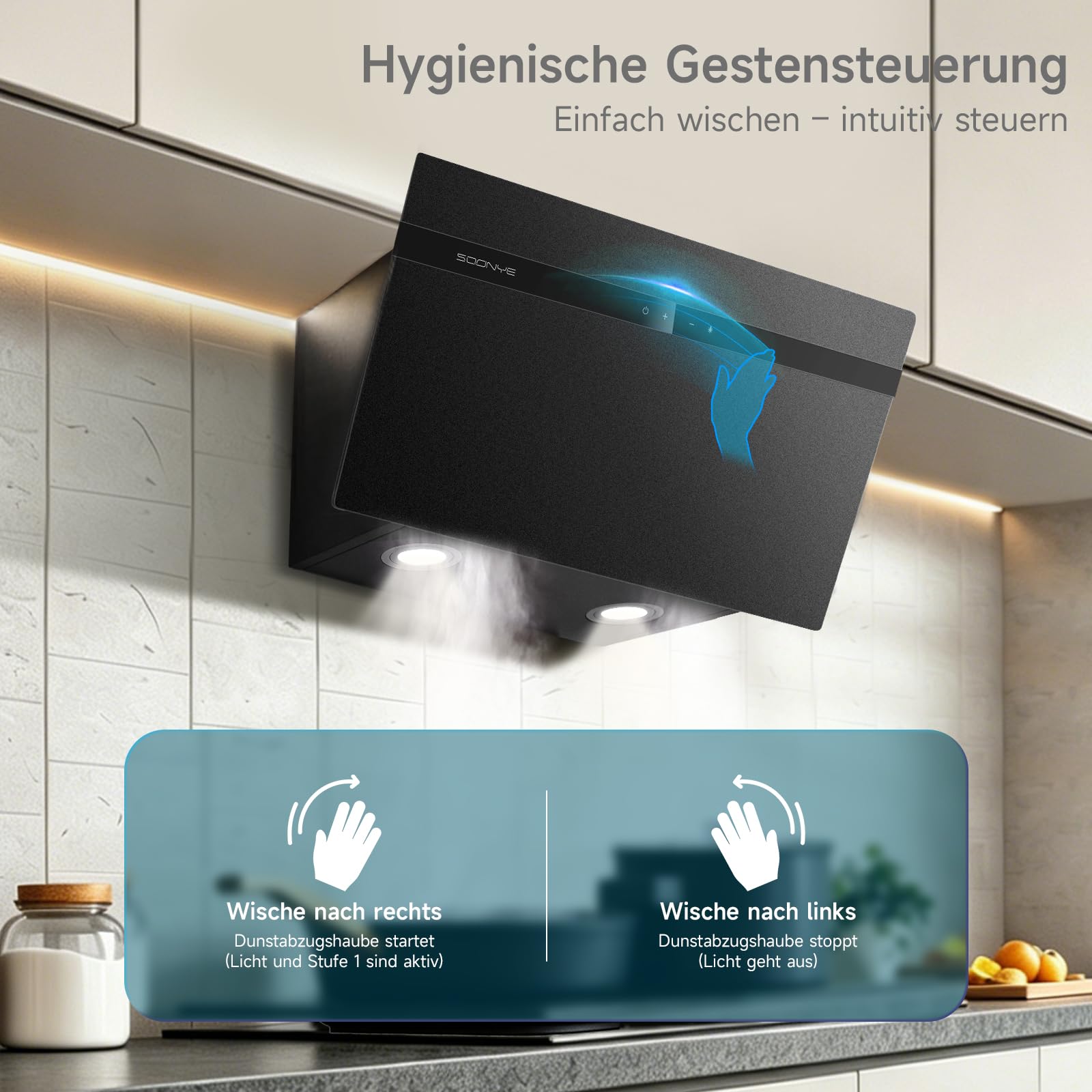 A+++ Dunstabzugshaube 60cm Umluft Kopffrei Schräghaube 380 m³/h Gestensteuerung Touchscreen Abluft Wandmontage Schwarz Mattglas