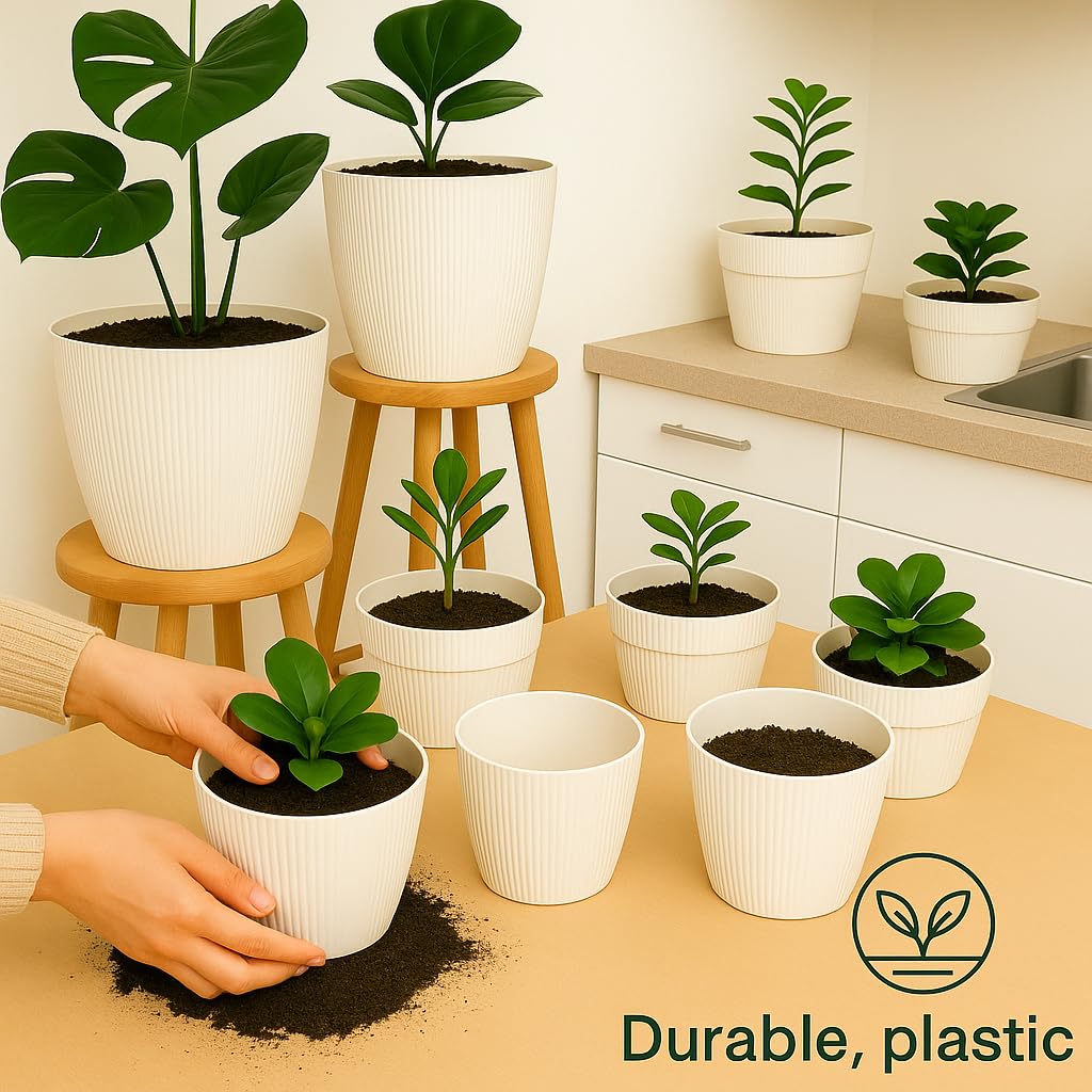 Home Garden Ornaments Plant Pots Indoor – Indoor Plant Pot for Home and Garden, Decorative Striped Set of 3 Flower Pots (Diameter 18cm, Cream) — view 6