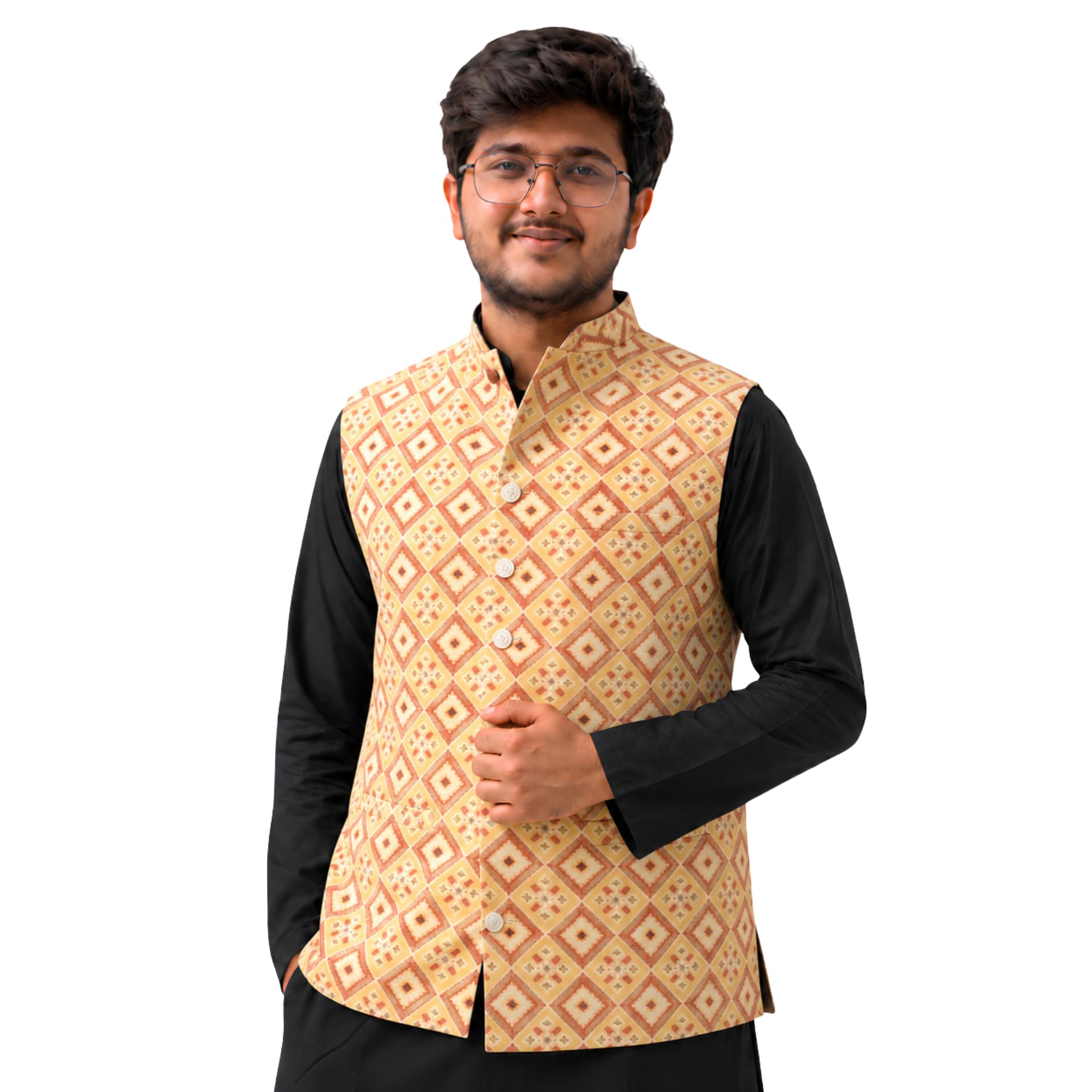 Men’s Royal Mustard & Gold Geometric Block Print Nehru Jacket: Haldi Edition Koti with Mandarin Collar-image-22