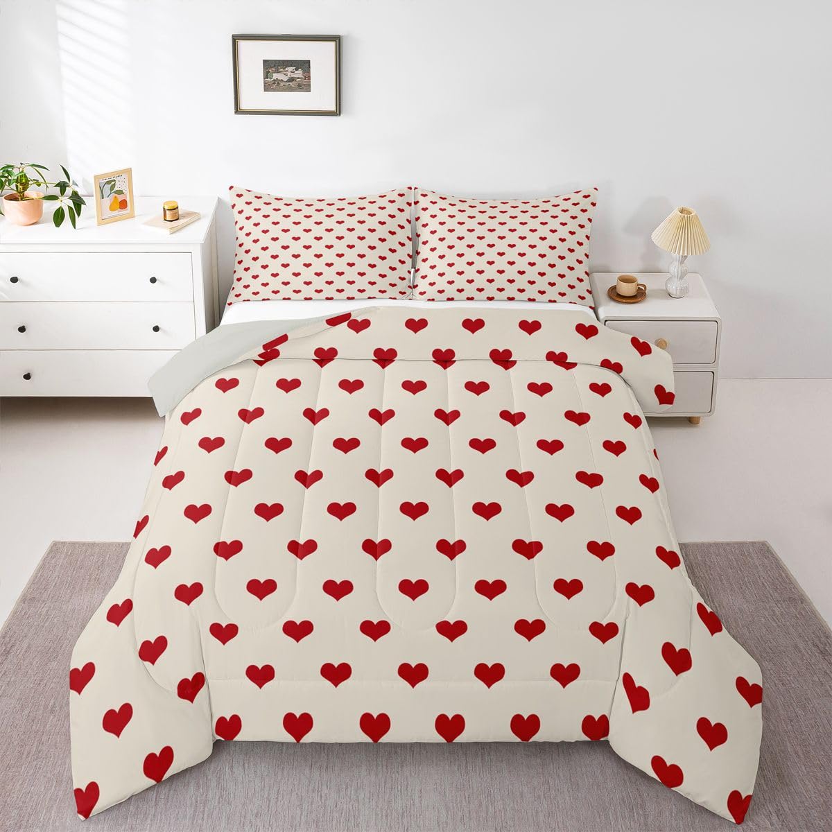 Castle Fairy Red Beige Bedding Sets Full Size,Cute Heart Print Valentine's Day Reversible Down Comforter Breathable Polyester Quilt Set,Cartoon Love Theme Geometric Duvet Insert,2 Pillowcases
