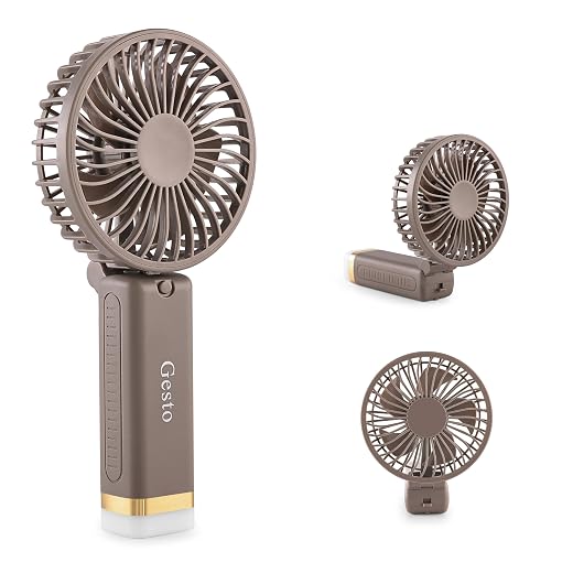 Gesto Portable Fan Rechargeable with LED Light – Foldable Mini Fan, Small Fan,USB Charging Hand Fan with 1200mAh Battery & 3 Speed Modes | Travel, Makeup, Kitchen,Women’s Personal Pankhaa - Grey