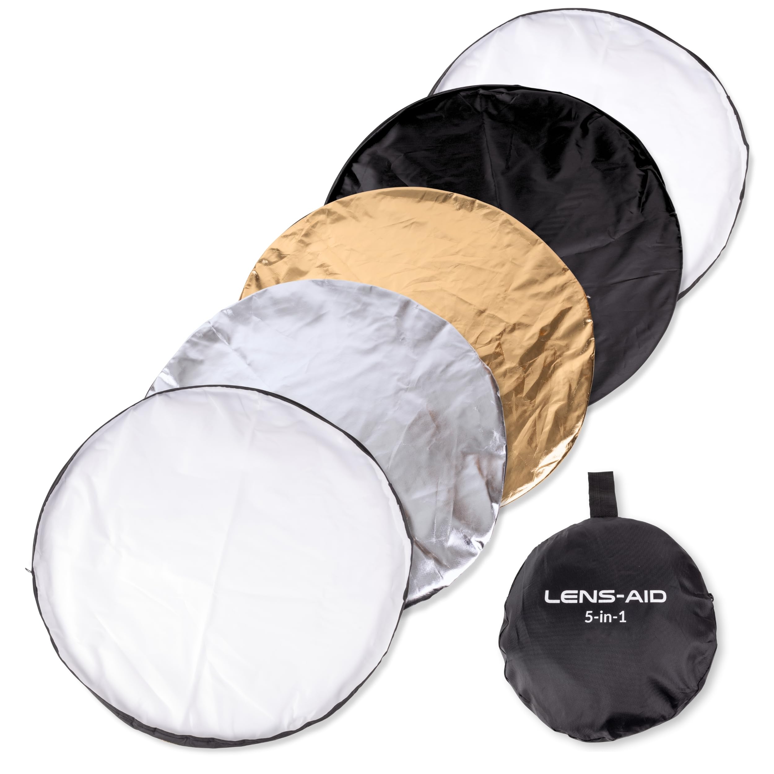 Lens-Aid Riflettore Fotografico 5-in-1 Ø60cm – Bianco, Nero, Argento, Oro & Diffusore – Pieghevole con Custodia per Studio & Outdoor, Ideale per Ritratto, Food e Prodotto