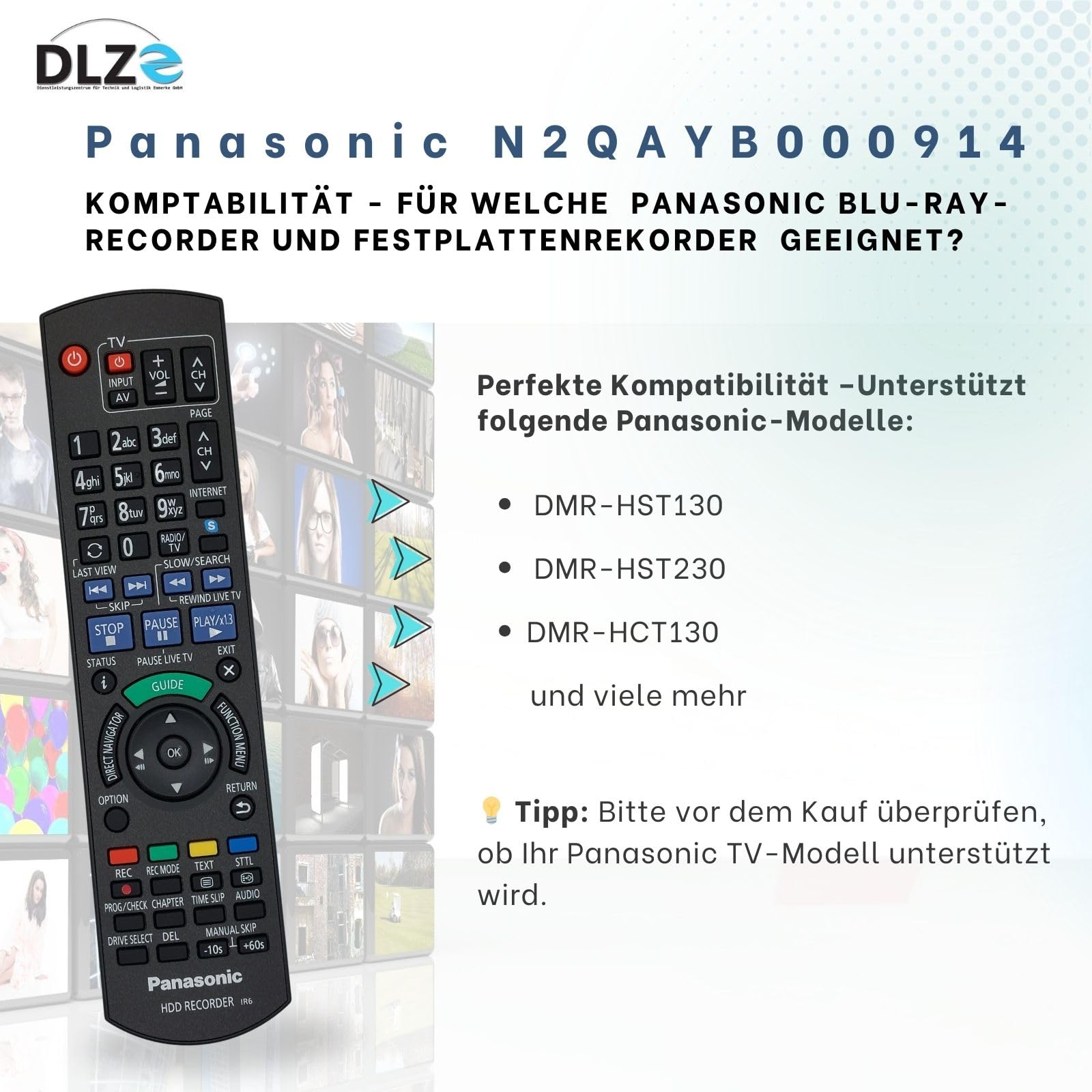 Panasonic N2QAYB000914 Télécommande d'origine pour enregistreur de disque dur Panasonic Blu-ray compatible avec DMR-HCT130 EG, DMR-HCT230 EG, DMR-HST130 EG, DMR-HST230 EG, DMR-BST800, DMR-HCT130 EG