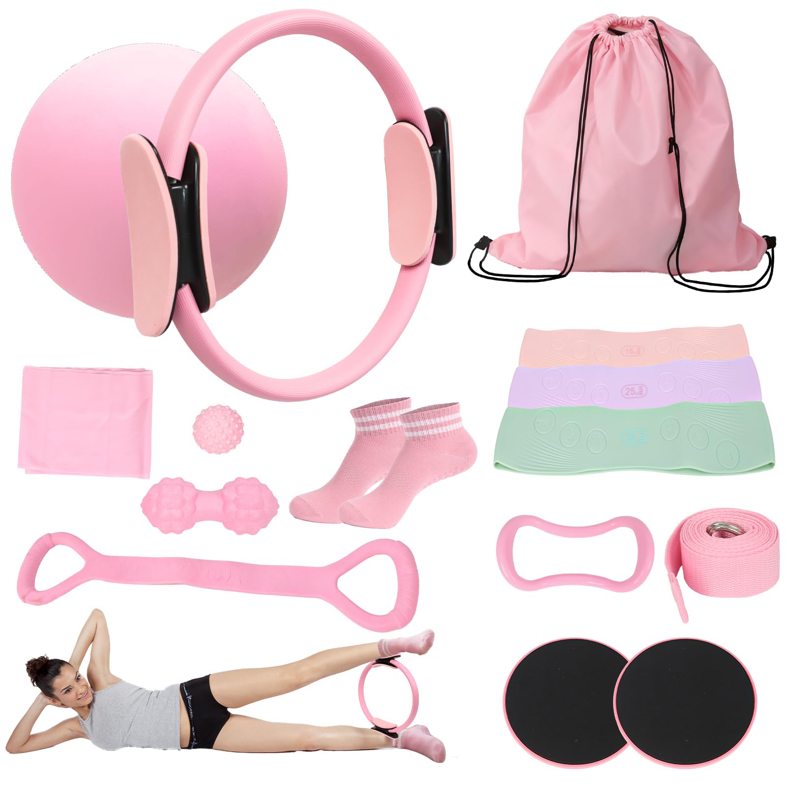 LZDMY Pilates Equipment Pilates Ring Kit 15 PCS with 11.8'' Magic Circle, Mini Yoga Ball, Resistance Bands, Grip Socks, Pilates Kit for Women, Starter Workout Essential for Home Fitness