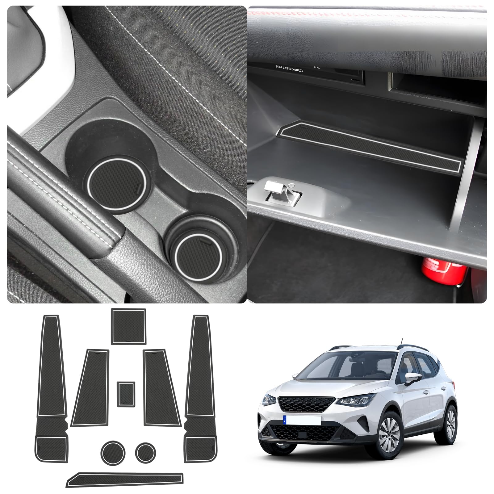 BIBIBO Tappetini In Gomma Per Auto 9 Pezzi - Per SEAT Ibiza 6F (2017-2025) E SEAT Arona (2017-2025) - Inserti Antiscivolo Per Porta E Console - 6