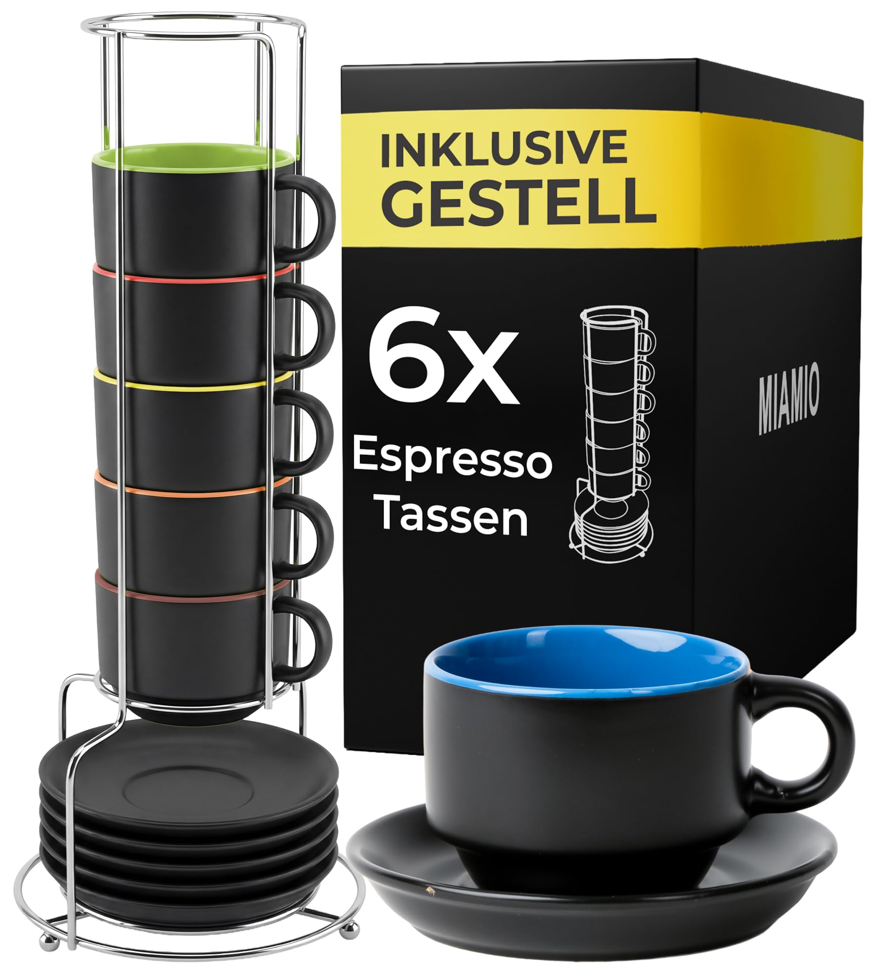 MIAMIO - 6 x 75 ml Espressotassen Set/Espresso Tassen Set mit Untertasse & Ständer - Kaffeetassen Set 6er Kaffeebecher Keramik - Le Papillon Kollektion (Bunt)