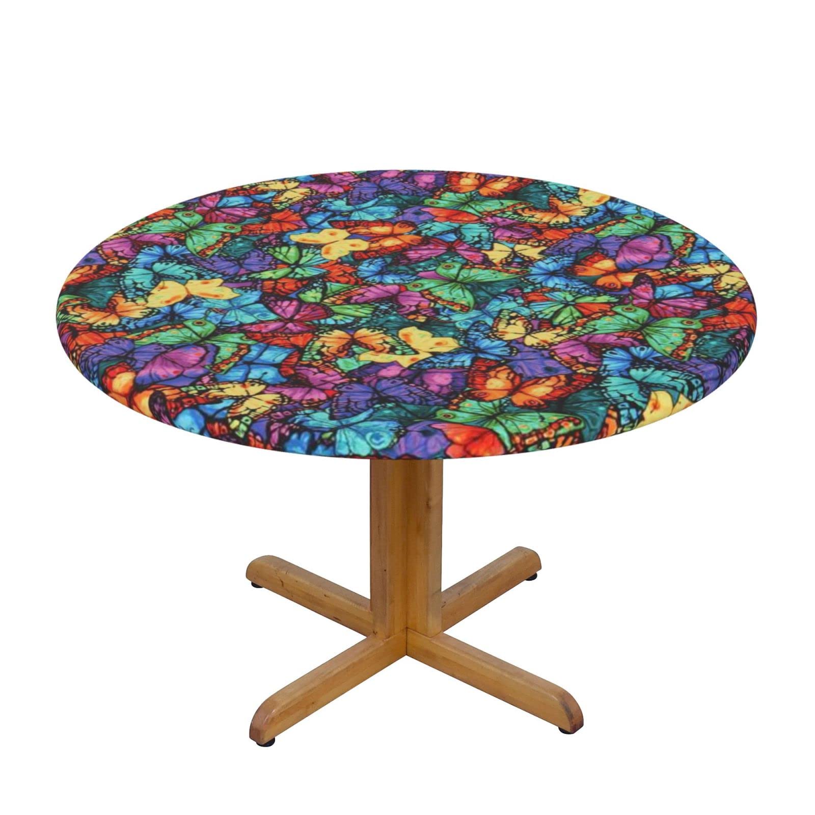 Lsjuee Round Fitted Tablecloth 45-50in Elastic Edged Table Cloth for Kitchen Dining Party Home Decor - Butterfly Colorful