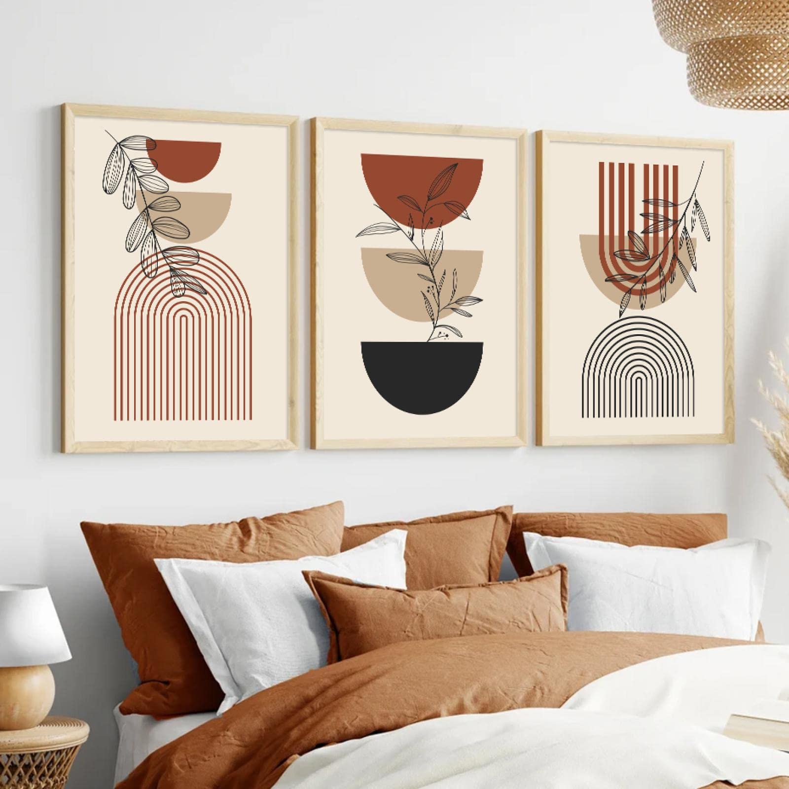 Guying Art With Frame 3Pcs Boho Abstract Geometric Arch Line Leaves Posters Canvas Painting Wall Art Print Pictures For Living Room Interior Decor 60X90cm(24X35in) X3