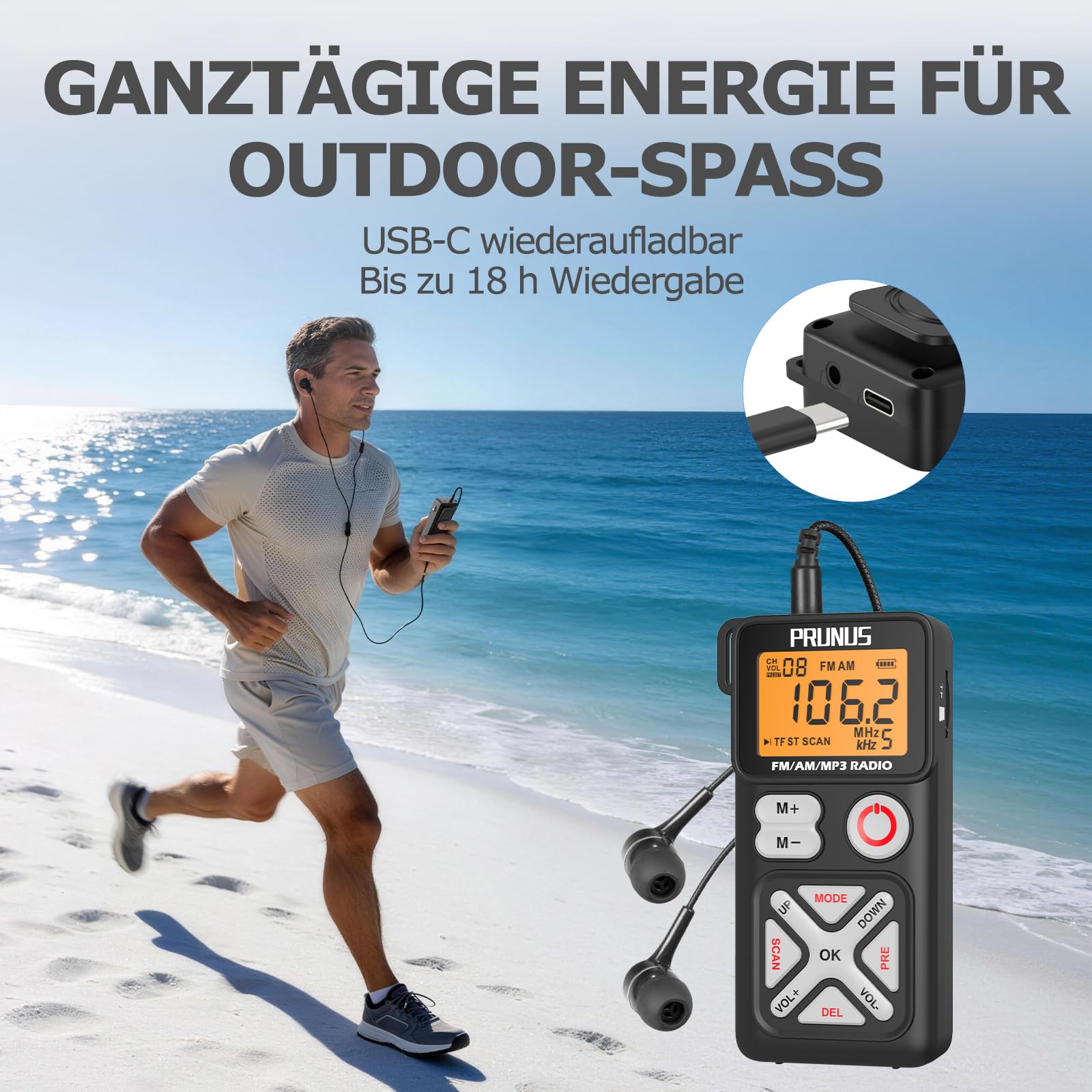 PRUNUS J-988 AM/FM/UKW Digitales Radio Klein unterstützt Manuelle Senderspeicher, Kleines Radio mit Kopfhörern/TF-Kartensteckplatz, USB-C Aufladung, Taschenradio mit Clip zum Joggen,Wandern,Reisen.