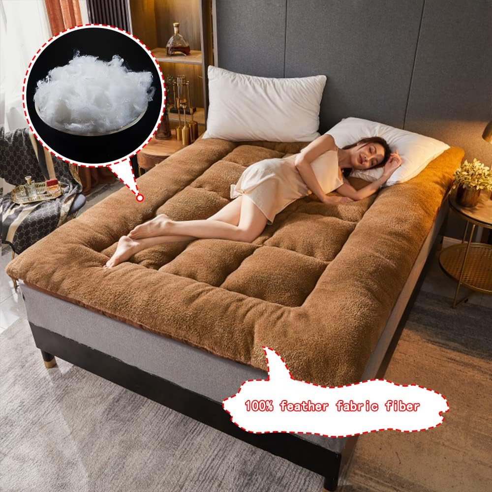 Soft Plush Mattress Topper Mattress Topper Sheet Protector Lamb Fleece Japanese Futon Mattress Floor Mattress for Adults Dormitory Mattress Tatami Mat Sleeping Pad,Brown,150x200cm 1.6kg