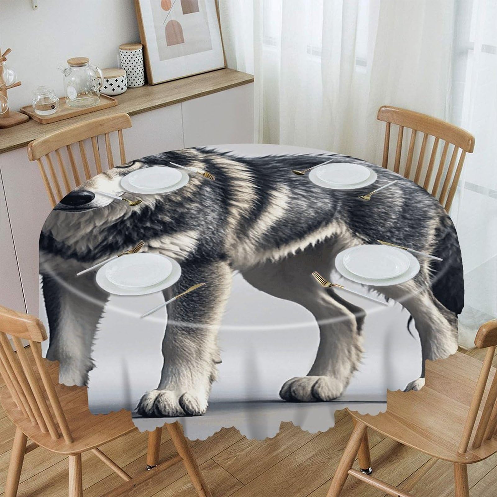 VstaDank Cute Wolf Round Tablecloth Wipeable Round Polyester Tablecloth Waterproof Wrinkle Free Indoor and Outdoor Table Cover 60 Inch Decorative Farmhouse Table Cloth for Dining