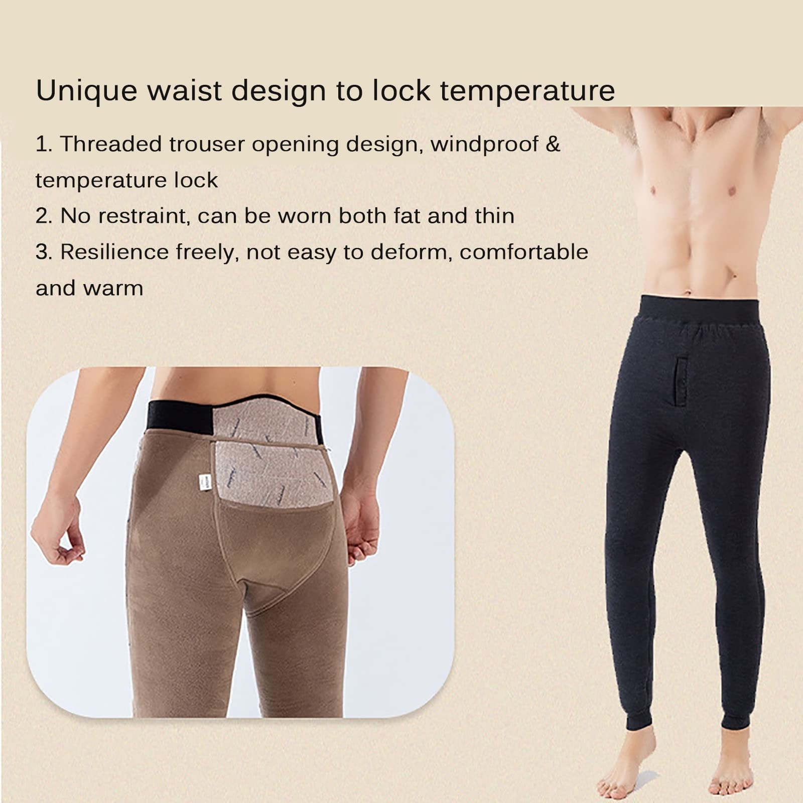 Pantalones Térmicos Calzoncillos Largos Hombres Capa Base Vellón Forrado Más Grueso Leggings Bottoms Pantalones Capa Base(Size:3XL,Color:Negro)