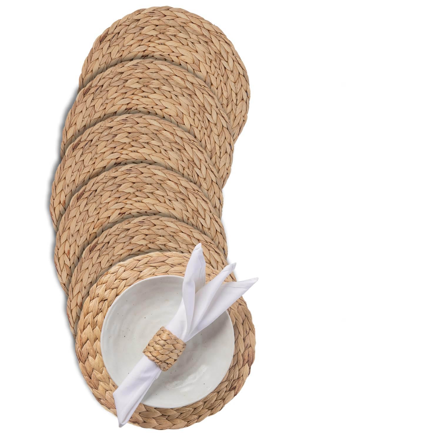 35,1 cm Set aus 6 runden Wasserhyazinth-Tischsets, Boho, gewebt, Rattan, Bauernhaus, Weide, Federplatte, Ladegeräte, Wasserhyazinthe, Seegras für Hochzeit, Party, Weihnachten, Veranstaltungen