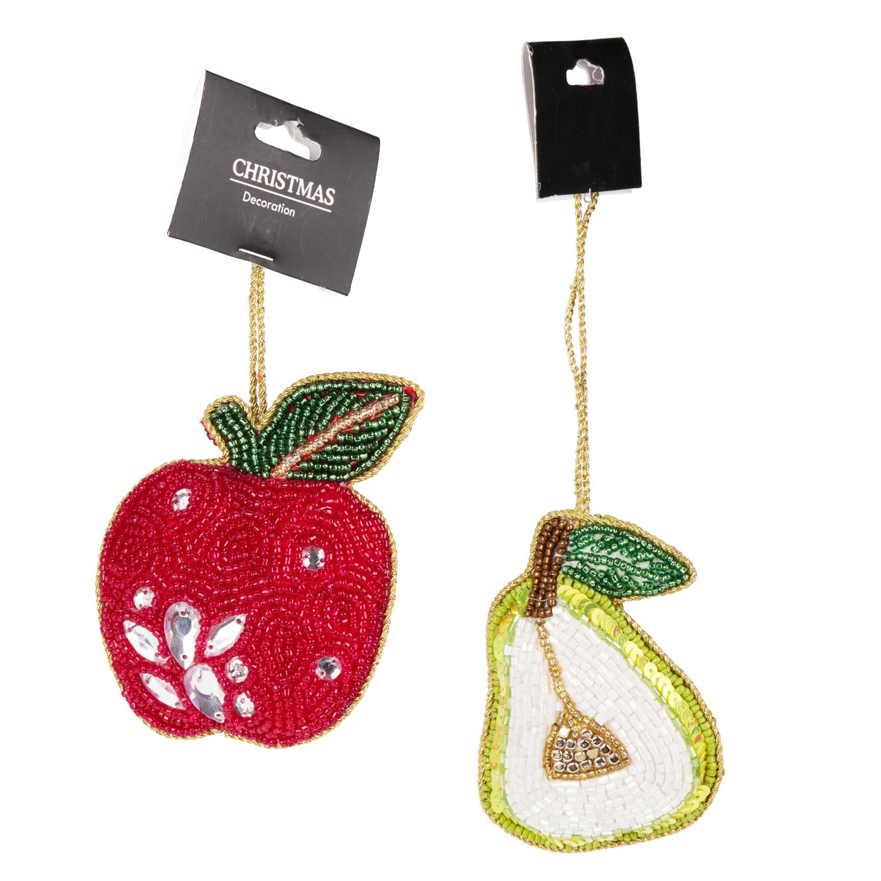 Pack of 2 Orchard Beaded Fruit Christmas Tree Baubles | Colourful Fabric Fruit-shaped Tree Ornaments | Beaded Hanging Decorations