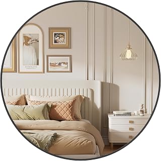 Round Mirror, 76 cm Bathroom Mirror for Wall, Metal Frame, Easy to Install, for Bathroom, Living Room, Bedroom, Entryway, Hallway, Ink Black LWM103B01
