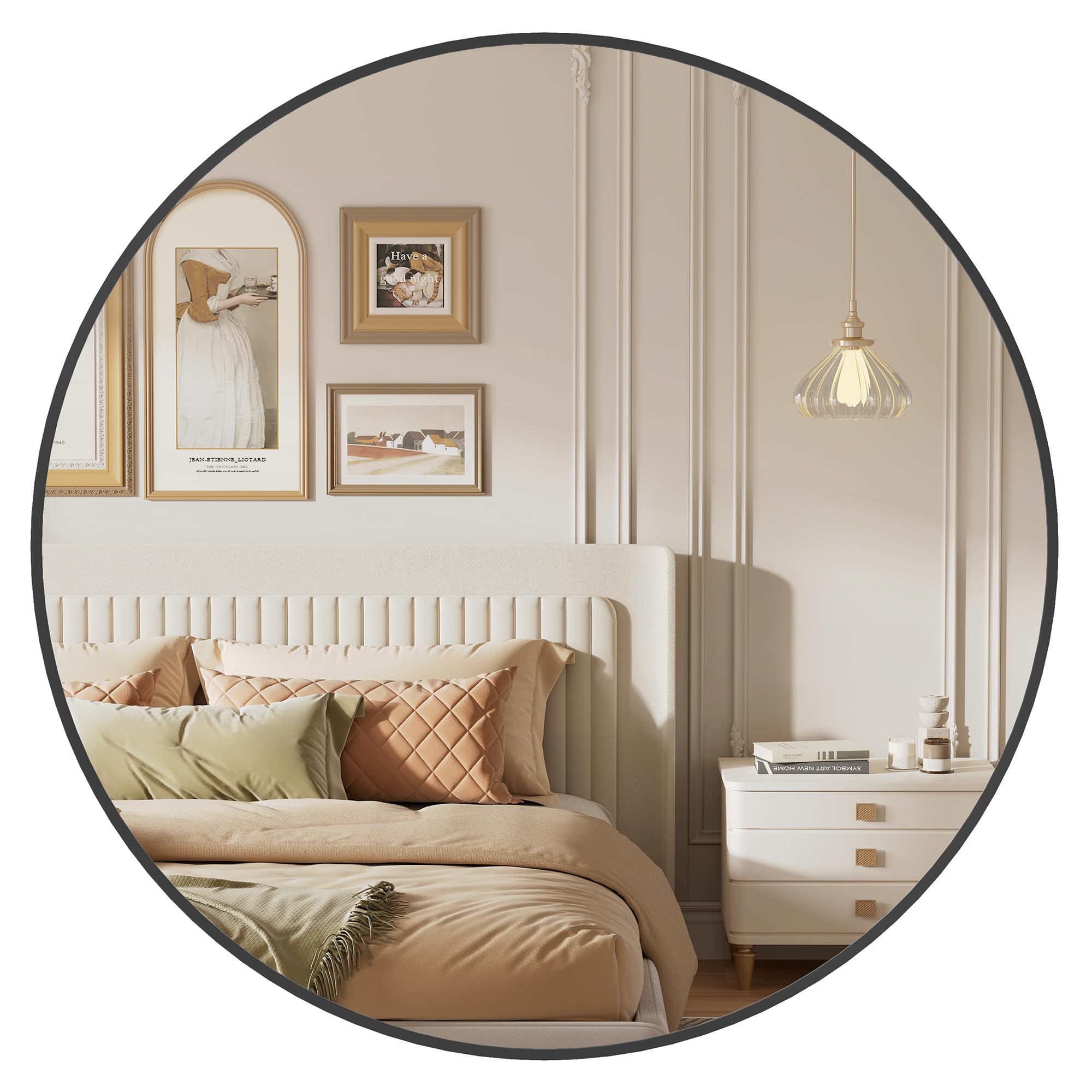 SONGMICS Round Mirror, 76 cm Bathroom Mirror for Wall, Metal Frame, Easy to Install, for Bathroom, Living Room, Bedroom, Entryway, Hallway, Ink Black LWM103B01