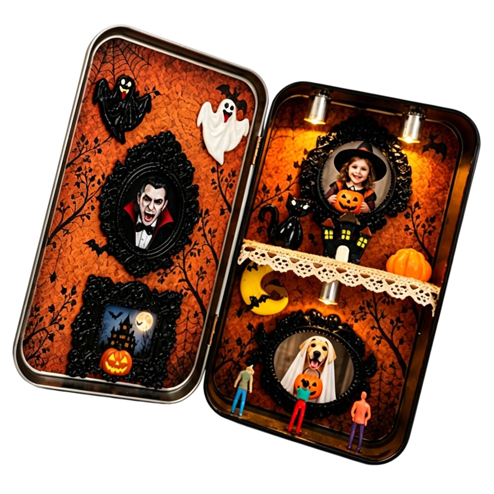 Pangboer Multicolor Halloween Entryway Accent Decor, Iron Picture Frame Layered Miniature Display For Tabletop Mantel Corner Shelf, Tin Box Home Piece Miniature Halloween Scene Picture Frame Layered Shelf