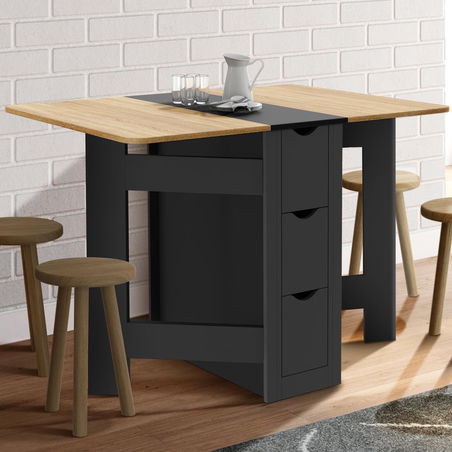 IDMarket - Table Console Pliable EDI 2-4 Personnes 103 x 76 cm | Avec plateau façon hêtre et 3 tiroirs noirs