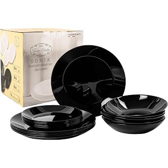 Crockery Set for 6 People 18 Pieces Plate Set Made of Opal Glass Black Dinnerware Set Bowl and Plate Set Modern Dinner Service Plate Dining Service Crockery Set for 6 People