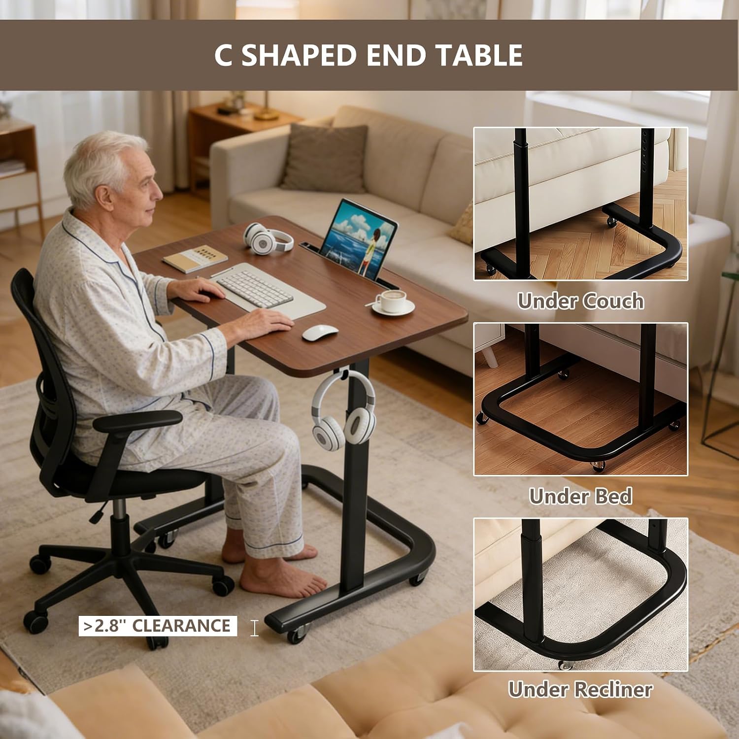 BeGyoku TV Dinner Tray Table,TV Trays for Eating on Couch,Height Adjustable TV Tray Table with Wheels,C Shaped End Table with Slot,Standing Rolling Laptop Desk&Wooden Snack Tray for Bed&Sofa&Recliner