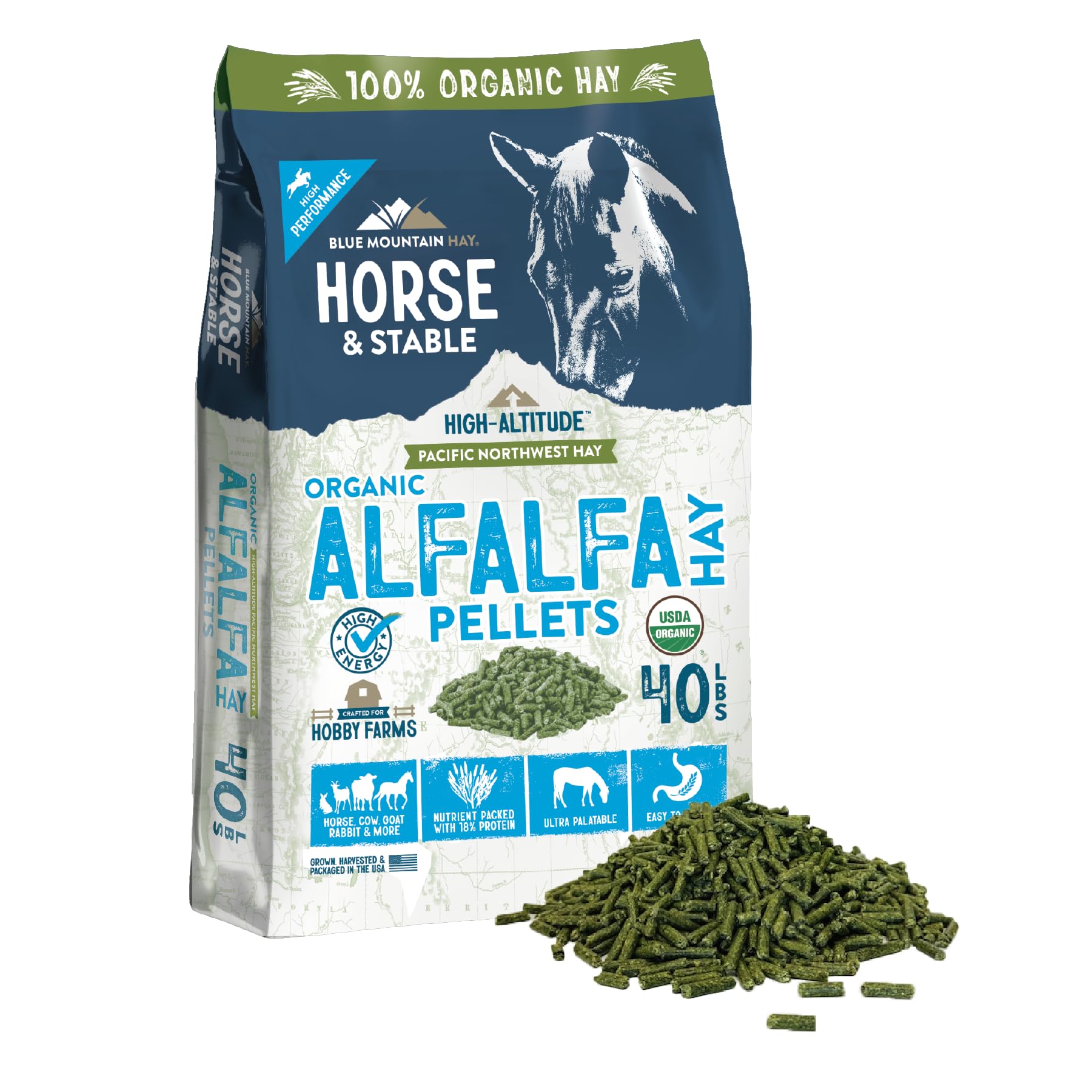 Blue Mountain Hay Pellet di fieno ad alta quota | Qualità premium, conveniente, a bassa polvere, denso di nutrienti | Ideale per cavalli, bovini, capre, conigli e altri piccoli animali (18,1 kg, erba